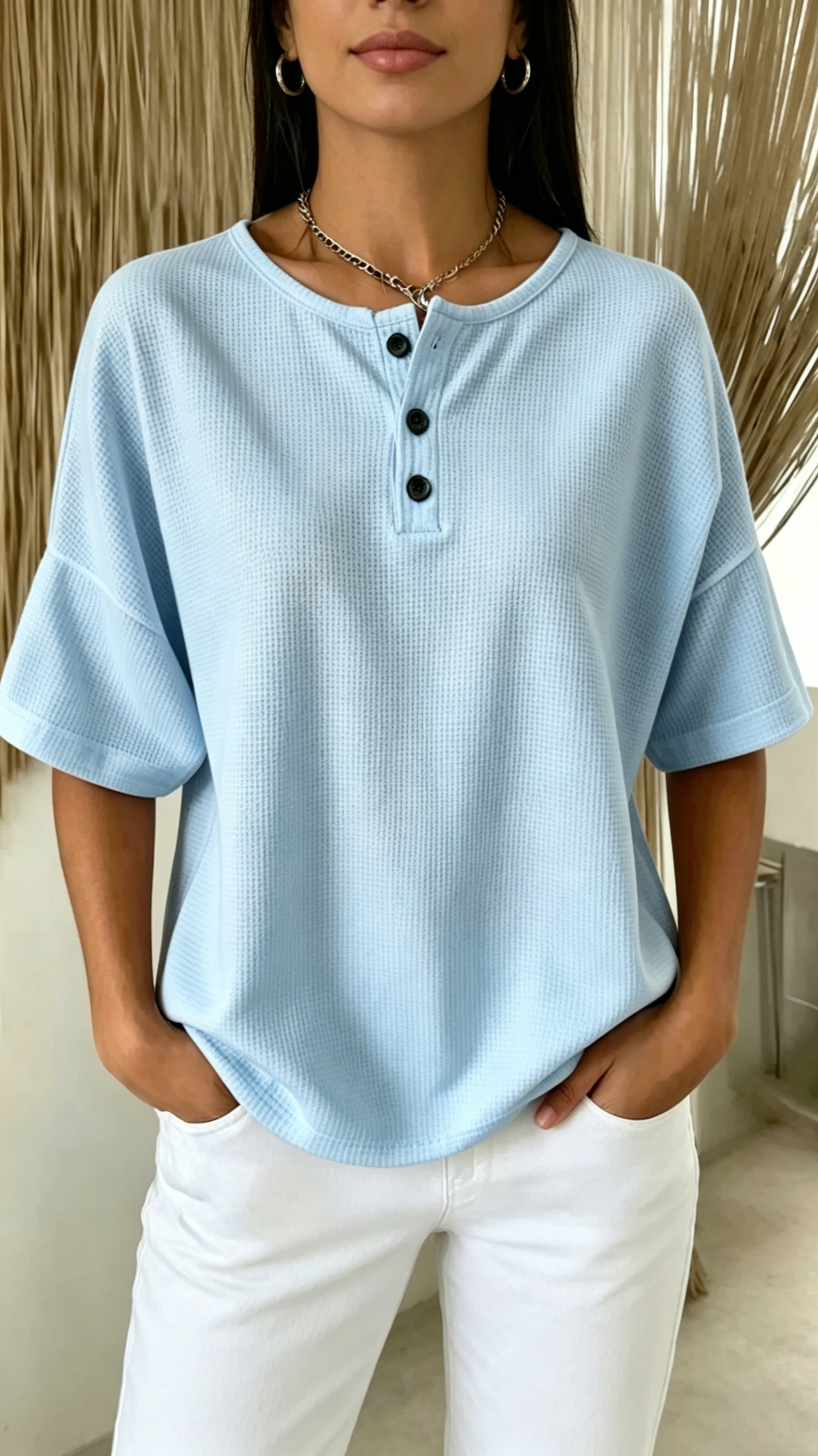 Women's Solid-Color Waffle-Knit Top with Round Neck and Front Placket - Nordfashionstorm - Women's Clothing, Fashion for You - Nordfashionstorm.com