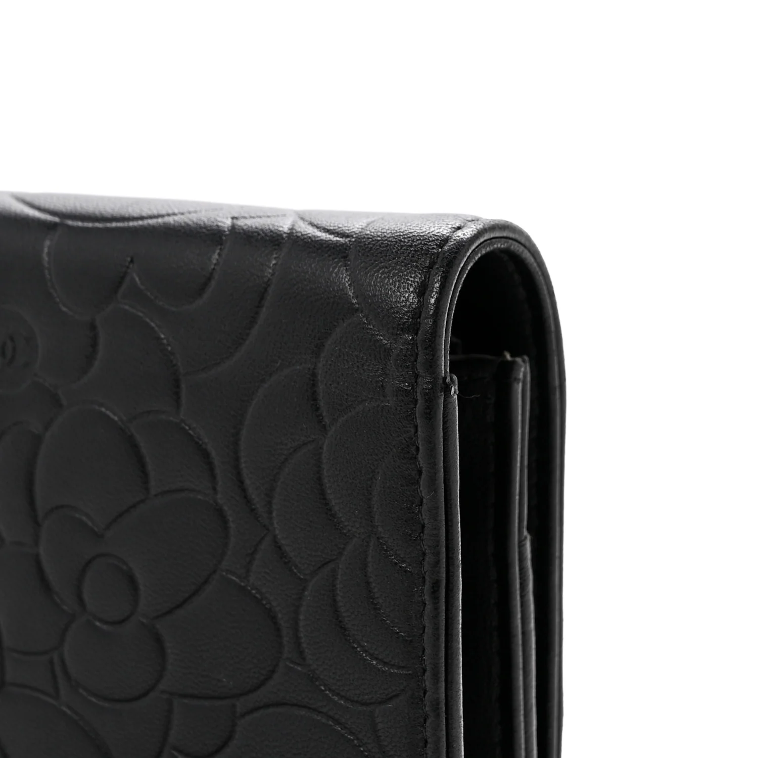 Lambskin Camellia Embossed Wallet On Chain WOC Black - Top Club