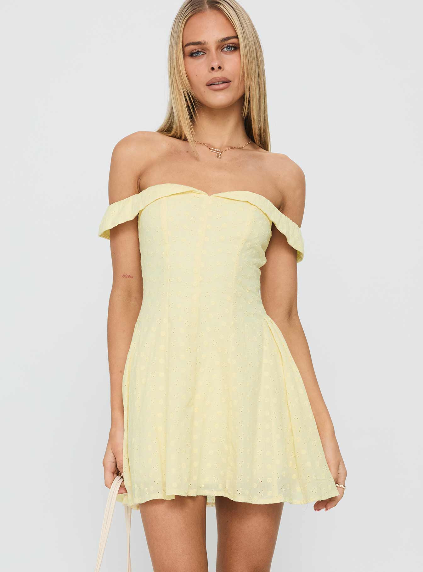 Rosebud Off The Shoulder Mini Dress Lemon