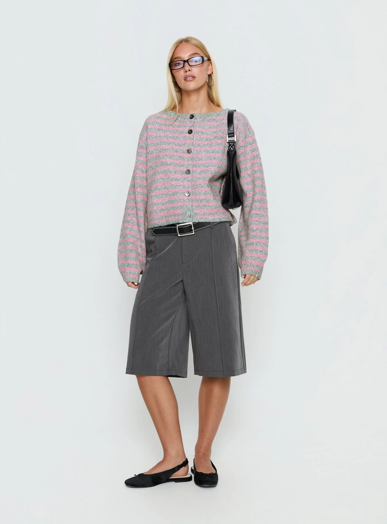 Raynna Button Up Cardigan Pink / Grey Stripe