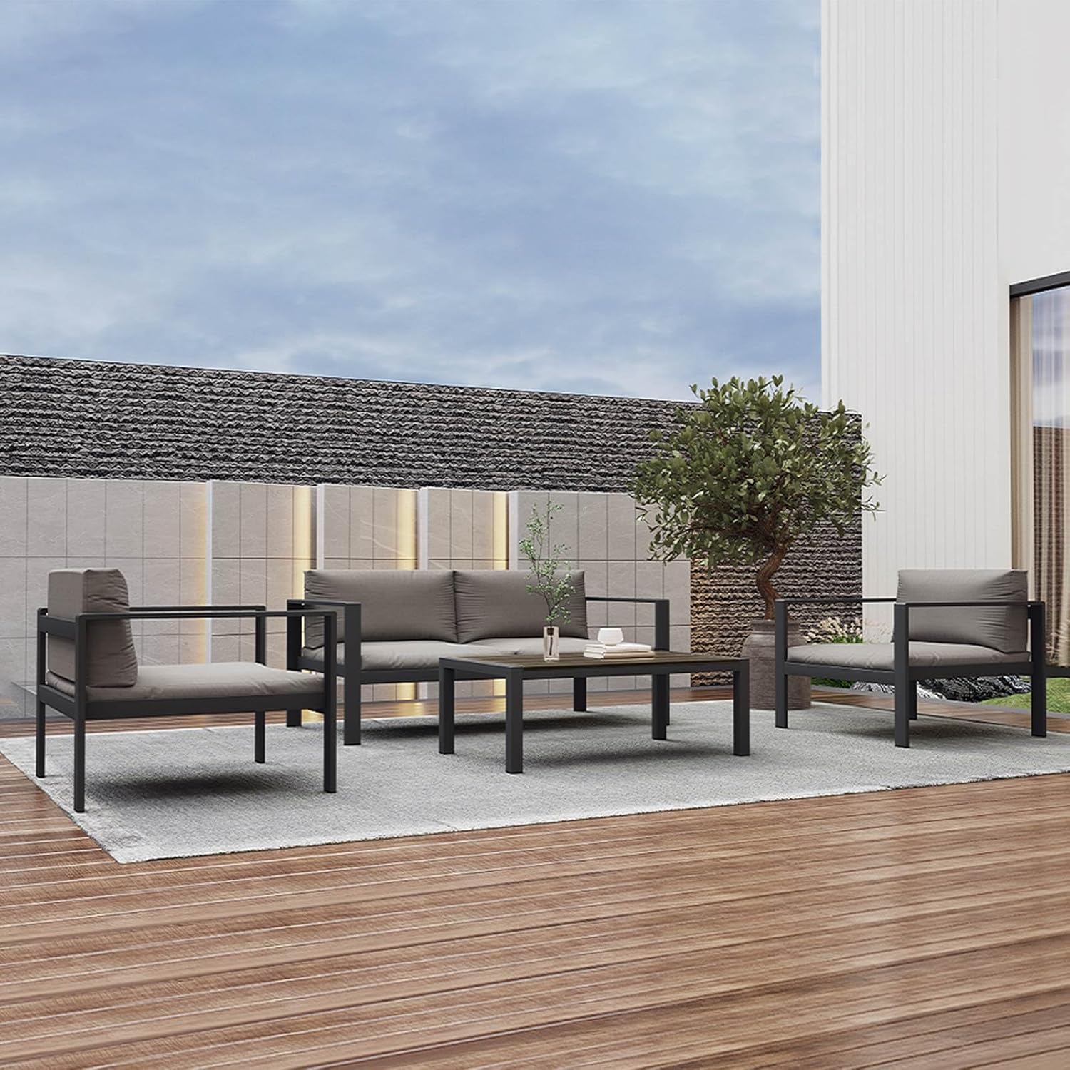 Aluminum Patio Furniture Set, 4 Pieces Modern Patio Conversation Sets, Outdoor Sectional Metal Sofa with Coffee Table for Balcony, Garden, Hotel, Black