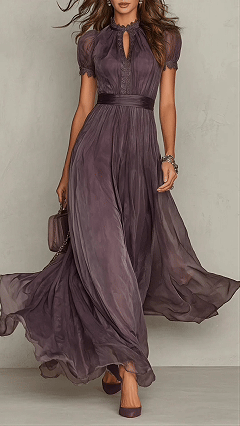 Women's High-Neck, Lace-Paneled, Flowy Chiffon Dress - Nordfashionstorm - Women's Clothing, Fashion for You - Nordfashionstorm.com