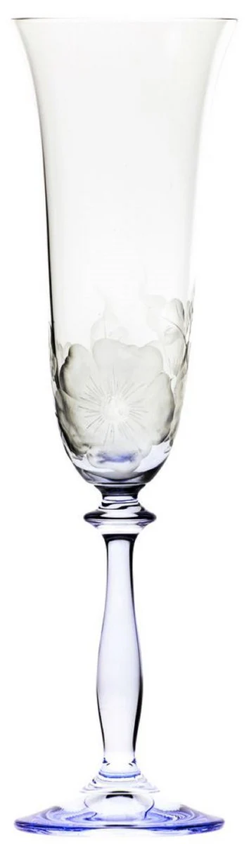 Luxury Baroque Champagne Glass Set of 6 Blue Ø 7 x H. 24.5 cm - Handmade and hand-engraved champagne glasses with flower design - Hotel & Restaurant Accessories