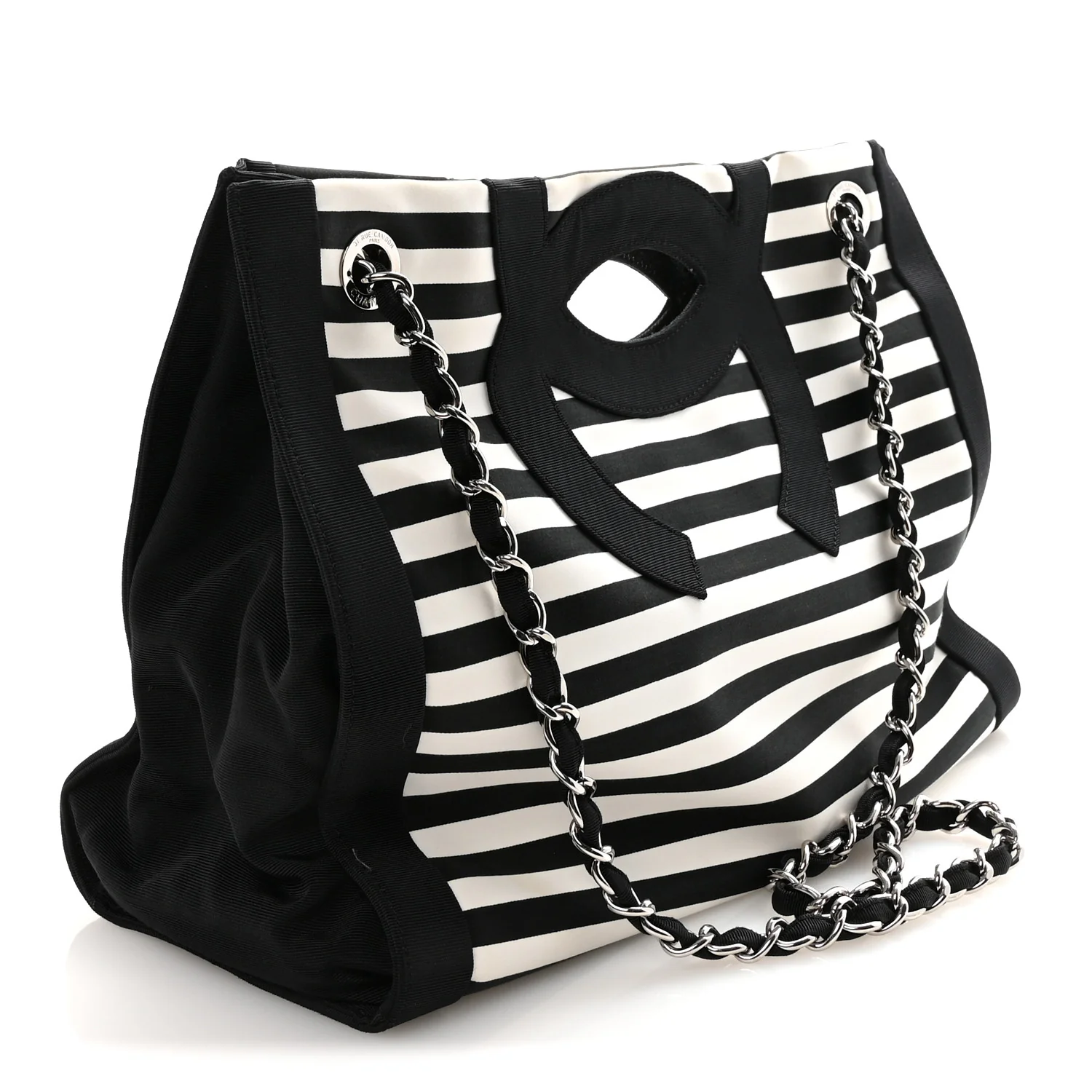 Canvas Grosgrain Striped CC Shopping Tote Black White - Top Club