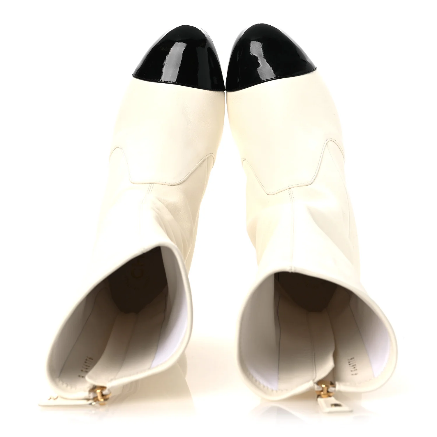 Stretch Lambskin Patent Cap Toe Pearl Ball Mid Calf Boots 39 White Black