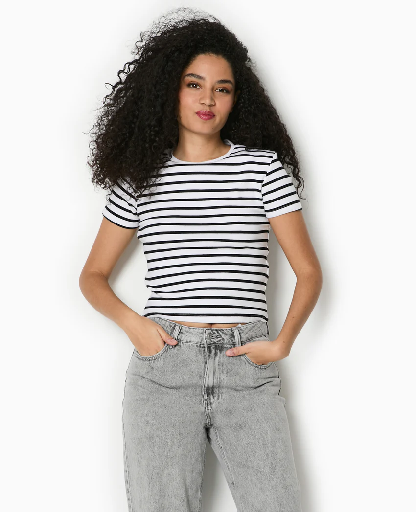 Pimkie T-shirt court en maille côtelée rayée