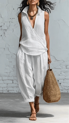 Women's Simple Lapel Shirt and Wide-Leg Pants Linen Two-Piece Set - Nordfashionstorm - Women's Clothing, Fashion for You - Nordfashionstorm.com