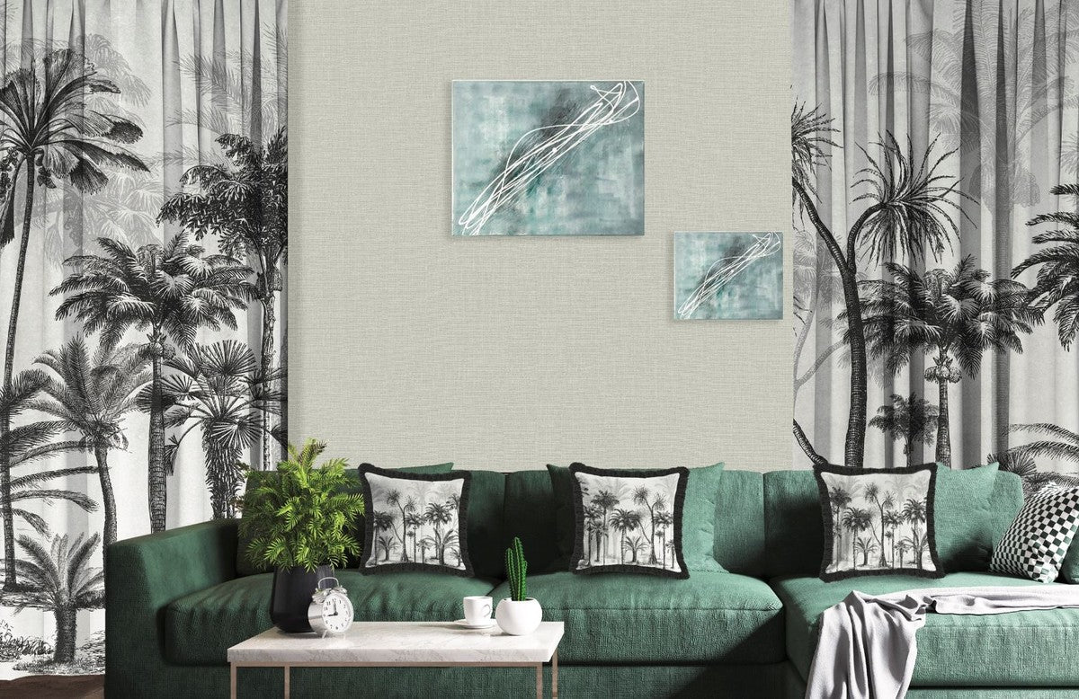Luxury curtain set palm trees gray / black 250 x H. 290 cm - Printed linen & velvet curtains - Eyelet curtains - Sliding curtains - Luxury decorative accessories