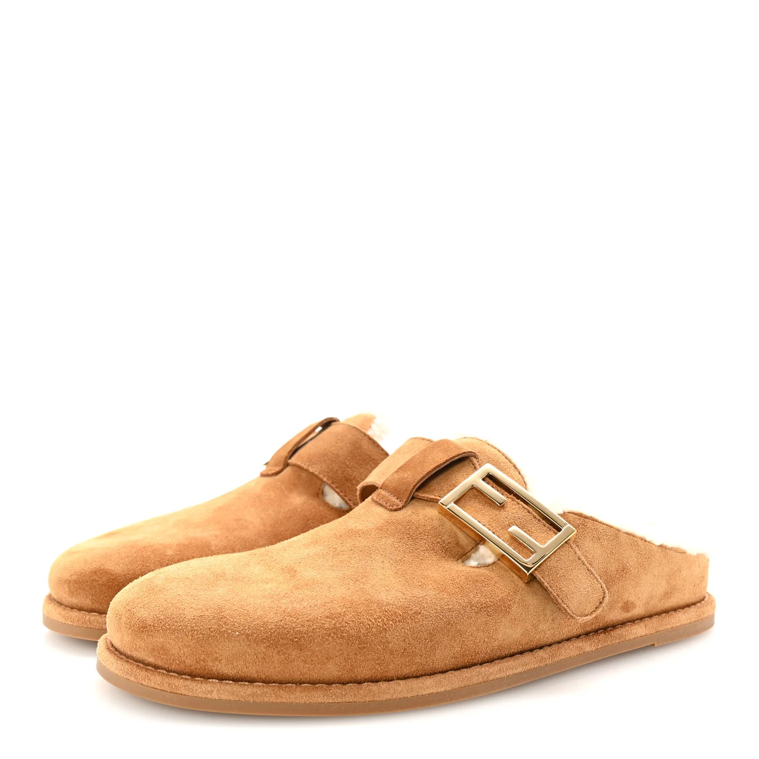 Suede Shearling Fendi Feel Buckled Clogs 38 Caramel Latte - Top Club