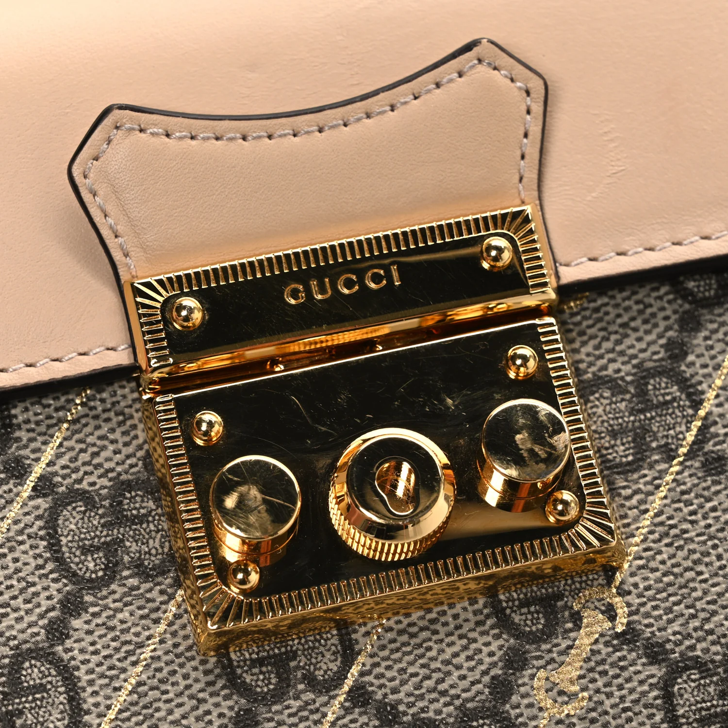 GG Supreme Monogram Calfskin Horsebit Print Mini Padlock Top Handle Shoulder Bag Beige Ebony Light Pink - Top Club