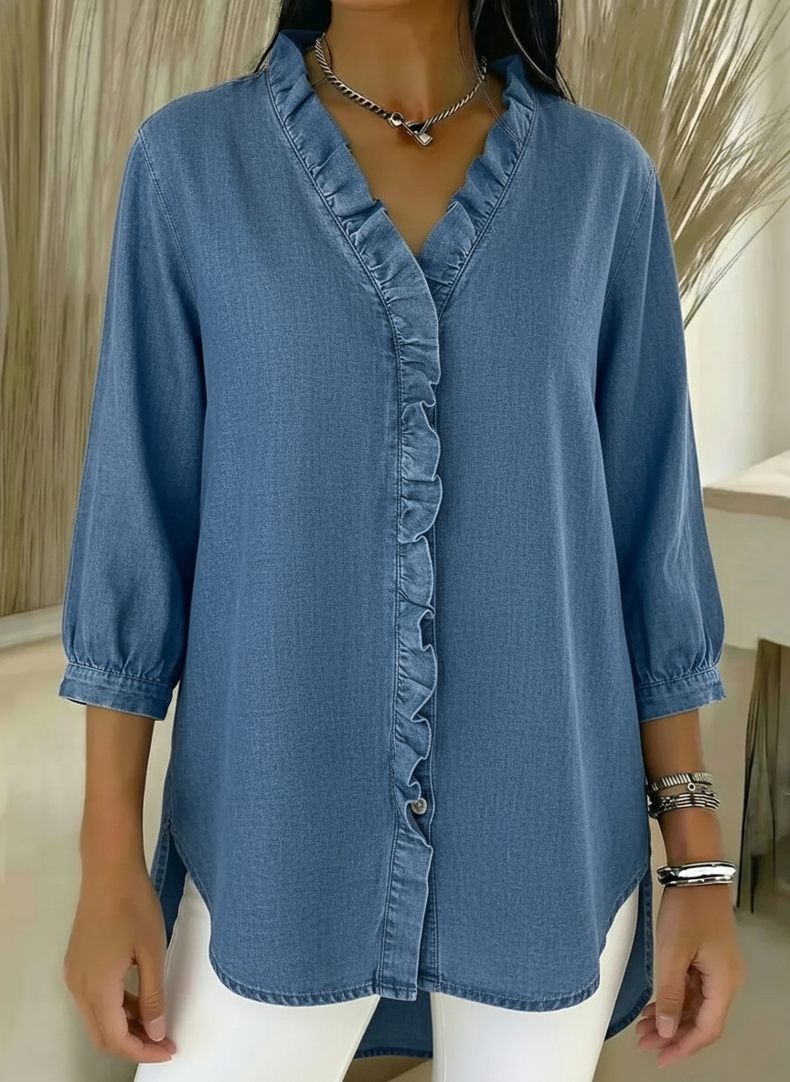New Arrivals🔥 Women's Casual Denim V-Neck Ruffled Shirt - Nordfashionstorm - Women's Clothing, Fashion for You - Nordfashionstorm.com