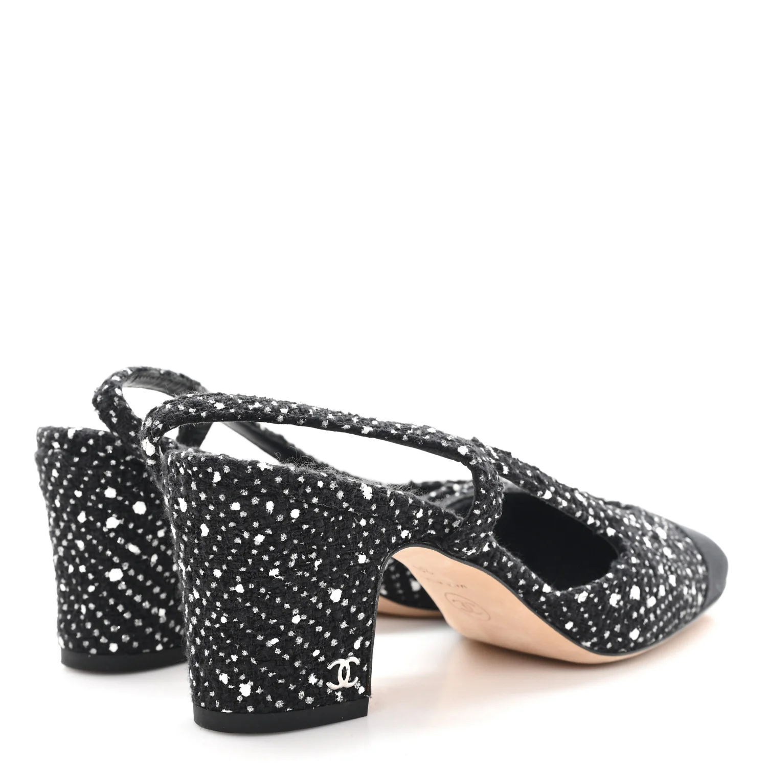 Tweed Polkadot Grosgrain Cap Toe CC Slingback Pumps 36 Black White Silver - Top Club