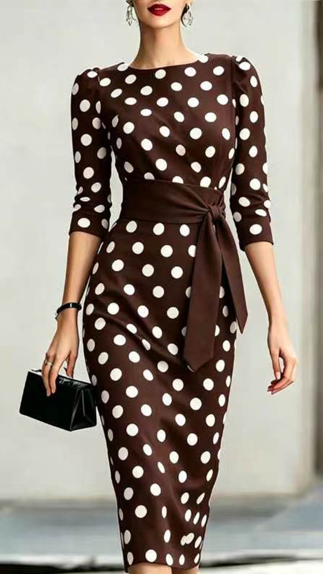 Women's Cotton‑blend Black‑white Polka‑dot Boat‑neck Mid‑sleeve Tie‑waist Bodycon Midi Dress - Nordfashionstorm - Women's Clothing, Fashion for You - Nordfashionstorm.com