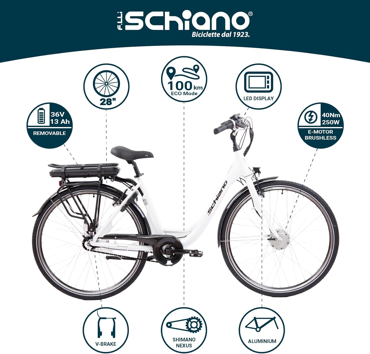 F.lli Schiano E-Moon, Bici Elettrica da Città 28 Inches per Adulti, 36V 13Ah Batteria Rimovibile, Motore 250W 40Nm, City Ebike