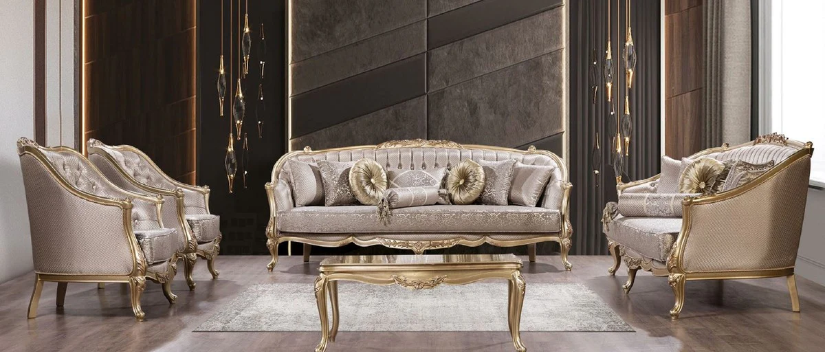 Luxury Baroque Living Room Set Silver / Gold - 2 Baroque Sofas & 2 Baroque Armchairs & 1 Baroque Coffee Table - Luxury Living Room Furniture in Baroque Style - Baroque Furniture - Noble & Ornate