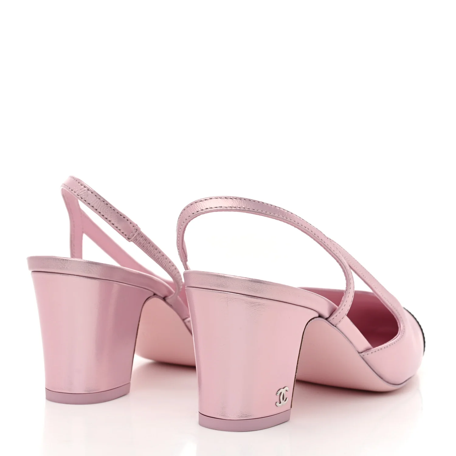 Laminated Lambskin Patent Cap Toe CC Slingback Pumps 37 Light Pink Black - Top Club