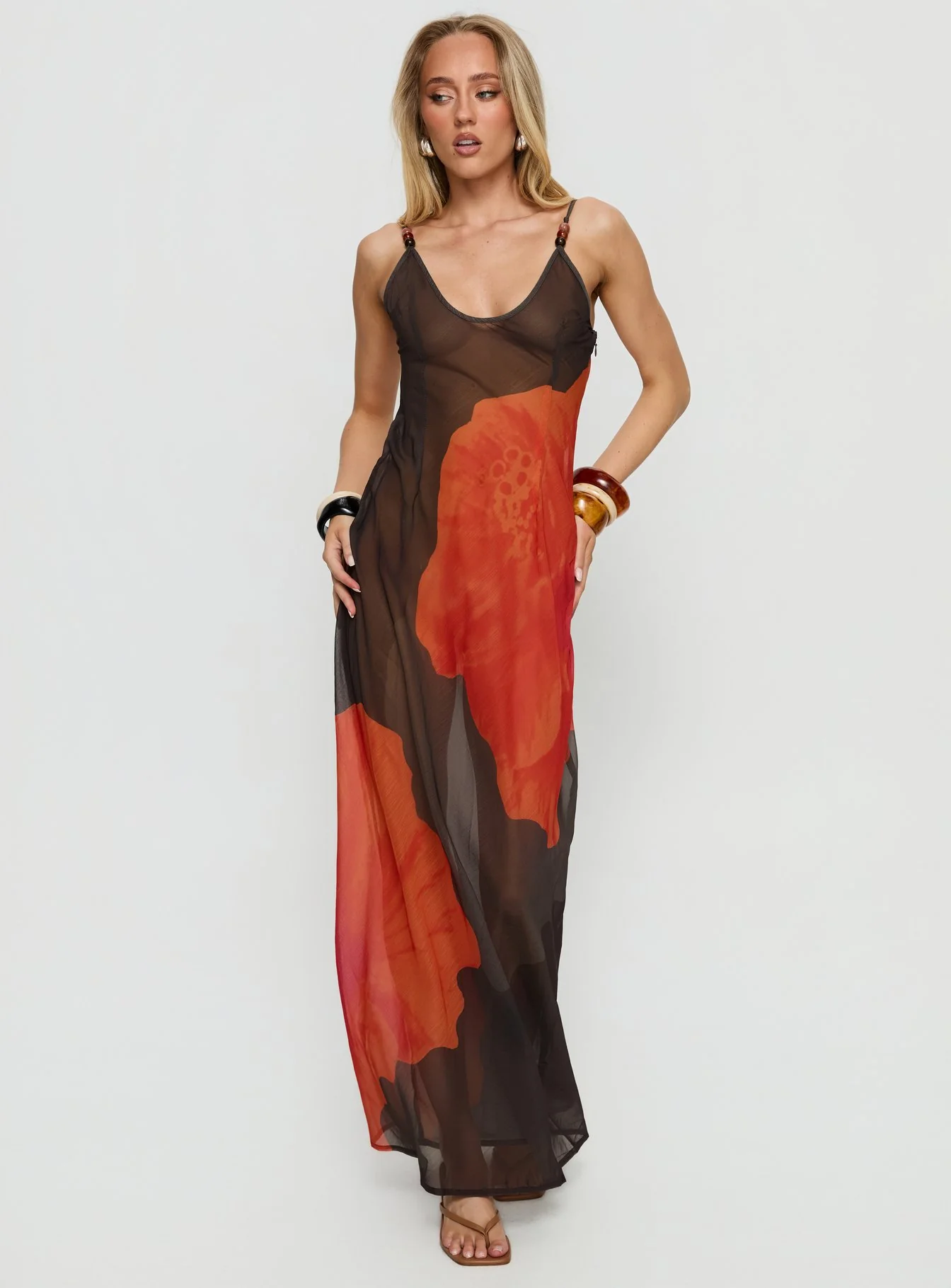 Carita Sheer Chiffon Maxi Dress Brown / Orange Floral