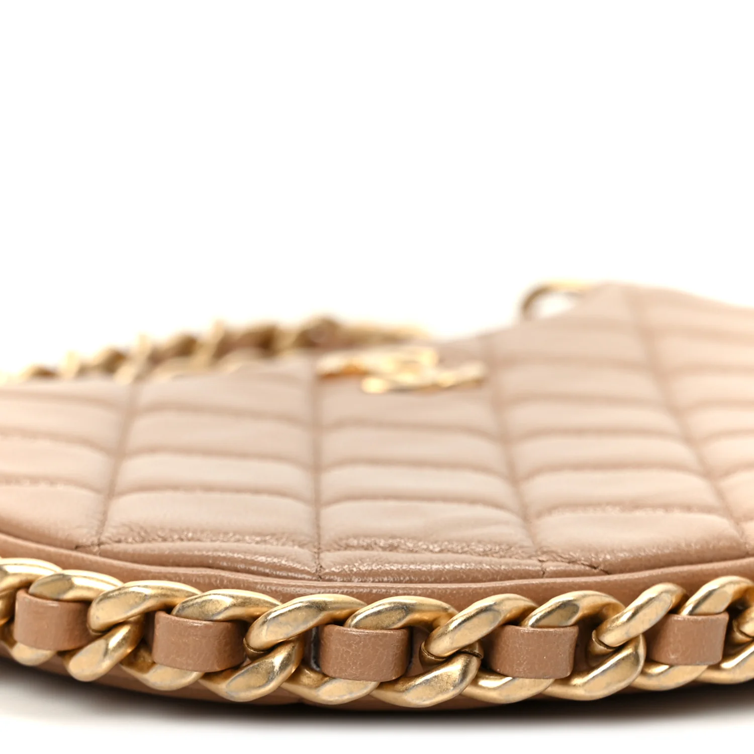 Shiny Crumpled Lambskin Quilted Trendy Chain Around Hobo Dark Beige - Top Club