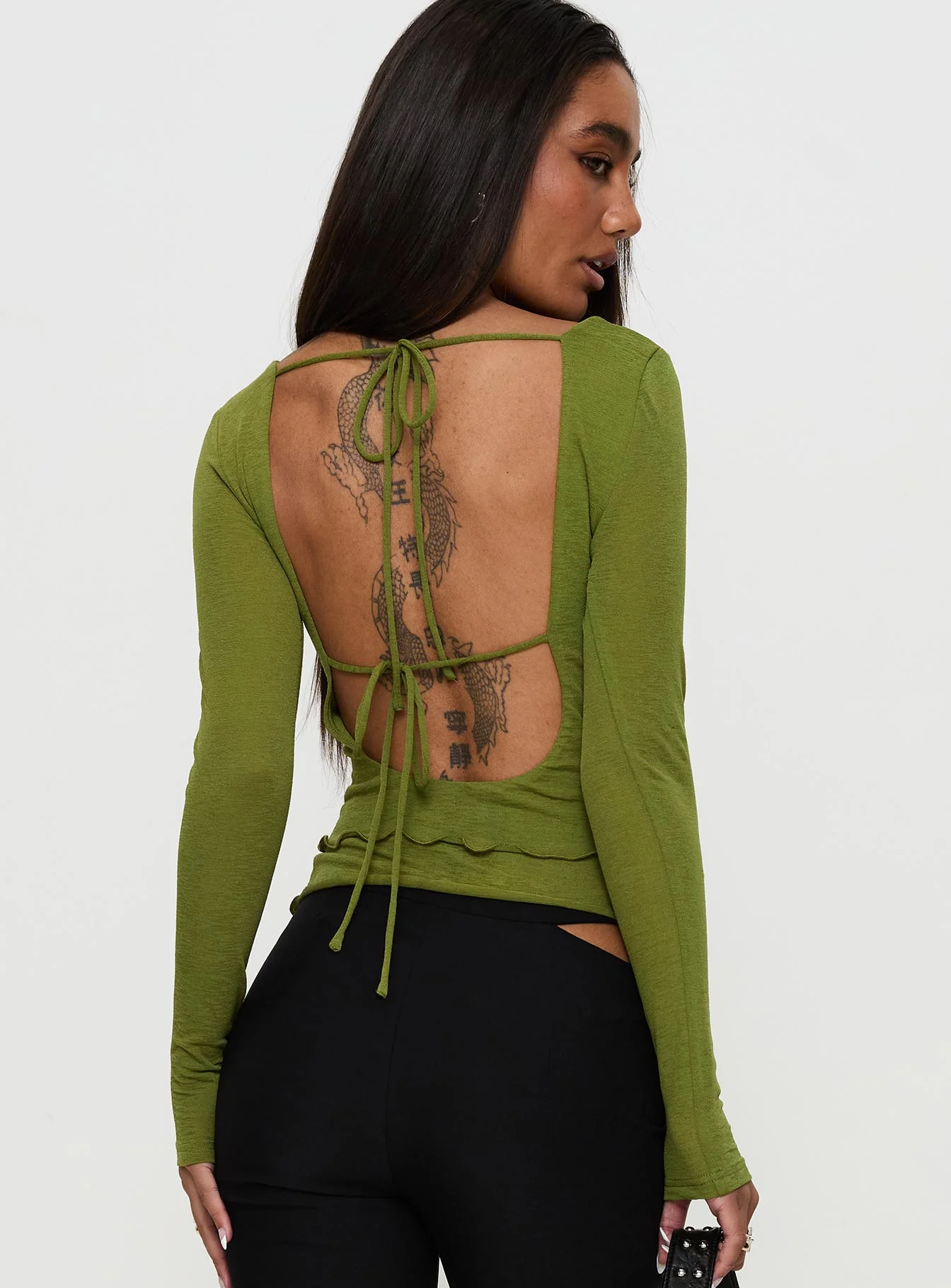 I Know You Backless Long Sleeve Top Green