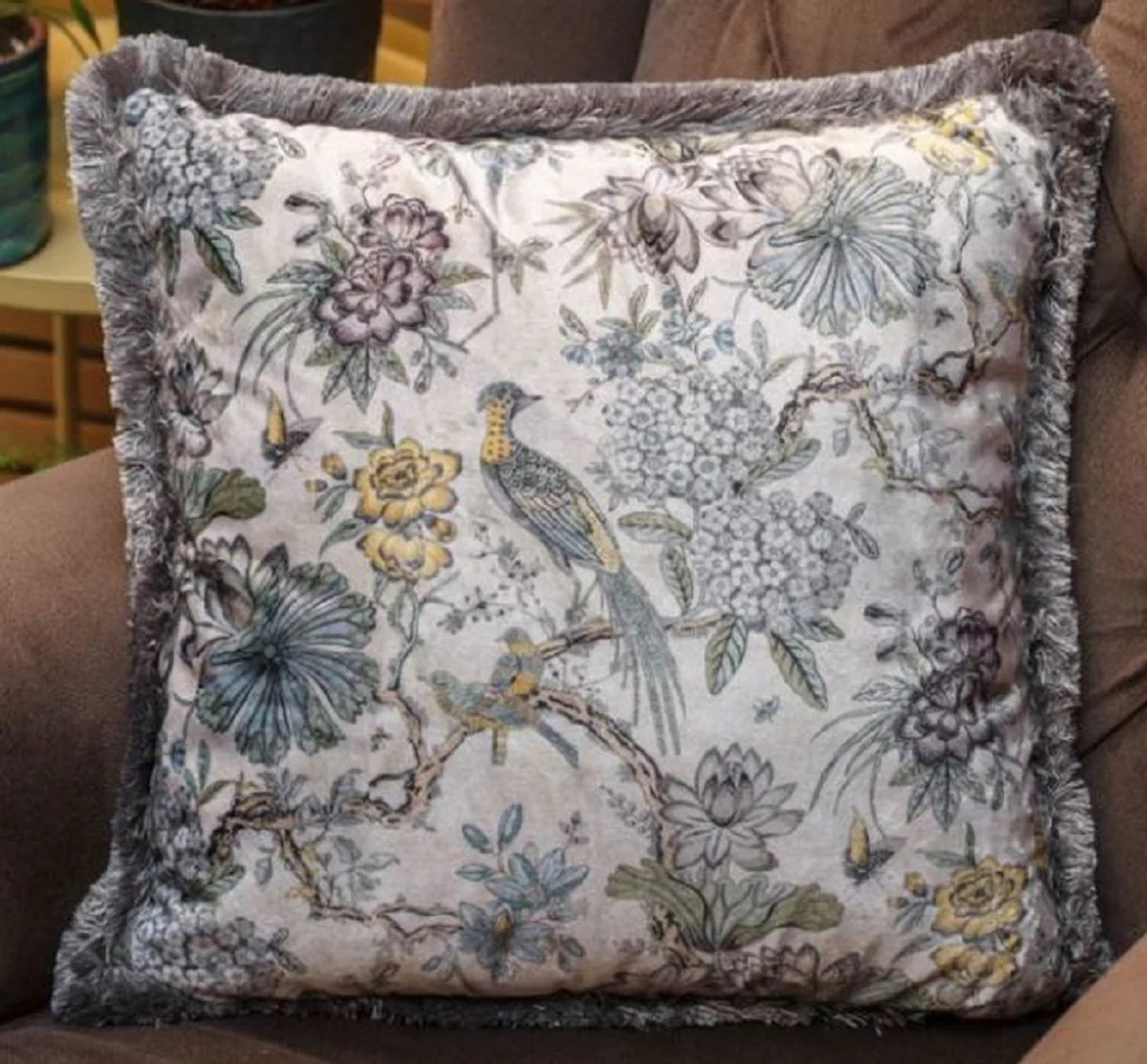 Luxury decorative cushion flowers & birds light beige / multicolored 45 x 45 cm - printed velvet cushion with fringes - luxury collection