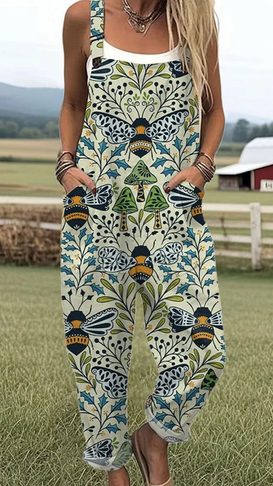 Women's Cotton-Blend Bee Print Loose Overalls - Nordfashionstorm - Women's Clothing, Fashion for You - Nordfashionstorm.com
