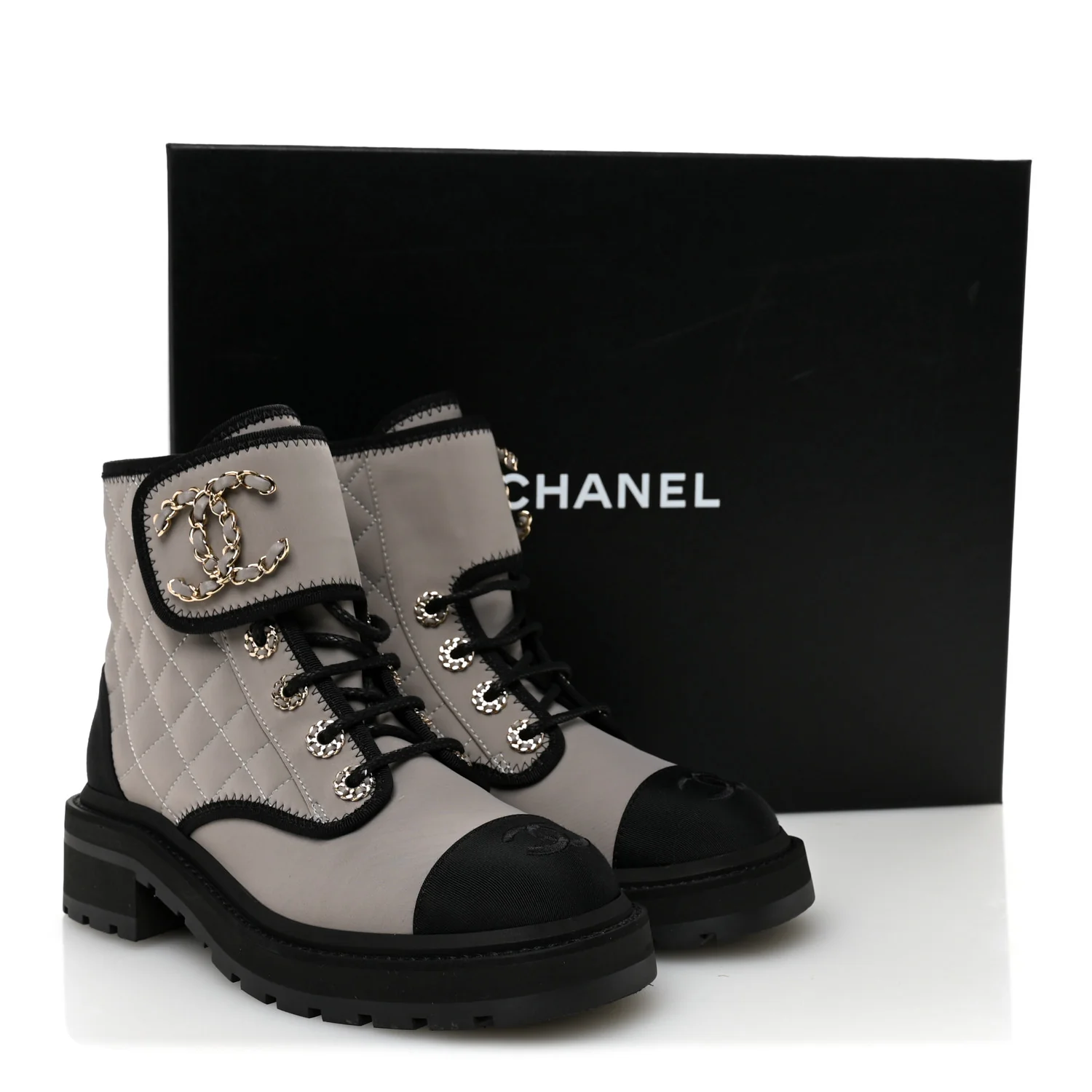 Fabric Grosgrain Quilted Cap Toe Lace Up Combat Boots 36 Gray - Top Club
