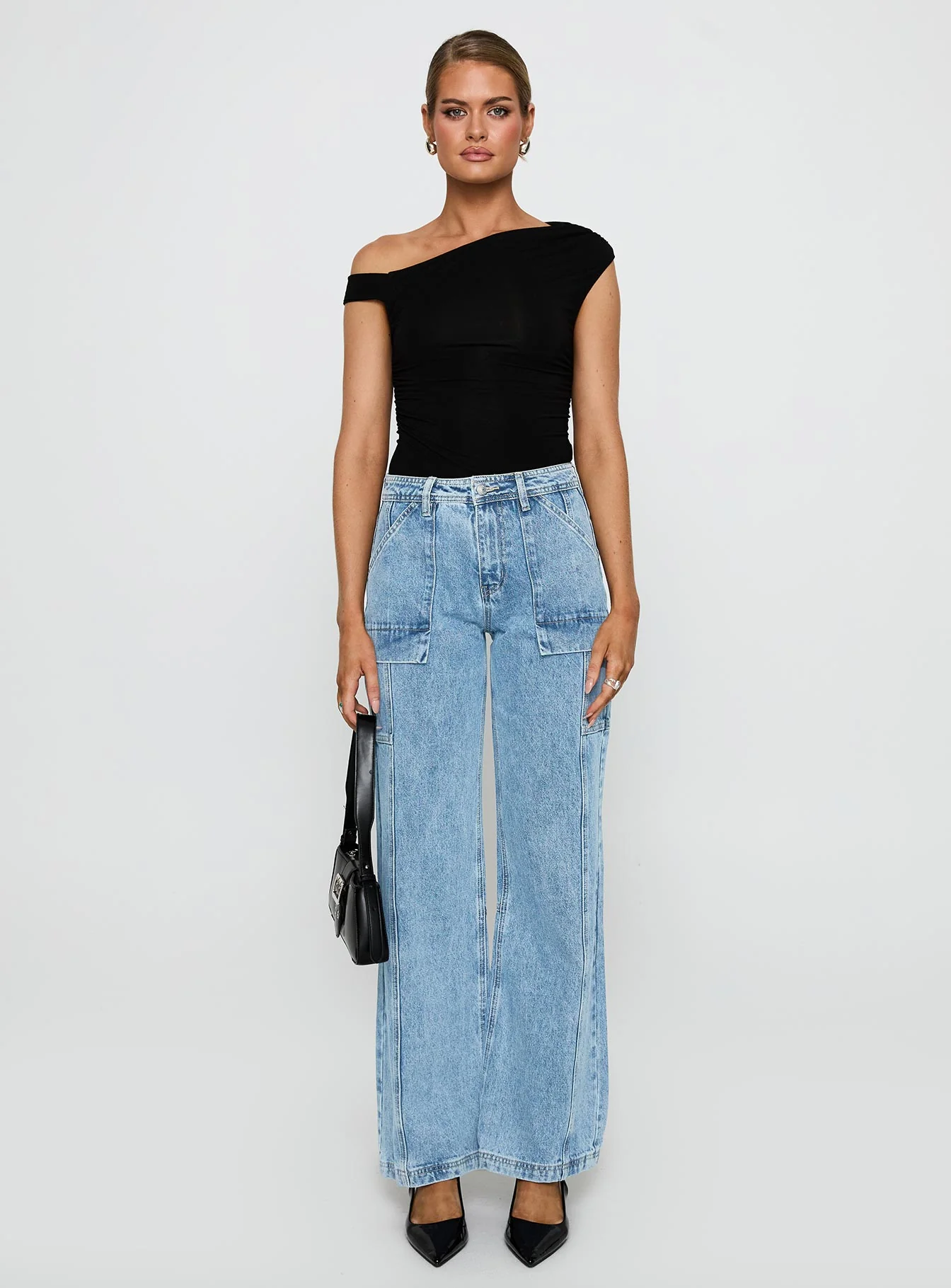 Chad Cargo High Rise Wide Leg Jeans Mid Wash