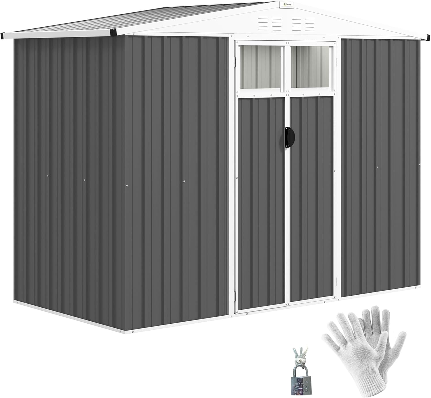 Outsunny Casetta da Giardino 2.7m² in Acciaio Zincato con 4 Prese d'Aria e 2 Finestre Trasparenti, Capanno Porta Attrezzi con Tetto Inclinato, Doppio Porte Bloccabili con Chiavi e Guanti, Grigio Scuro