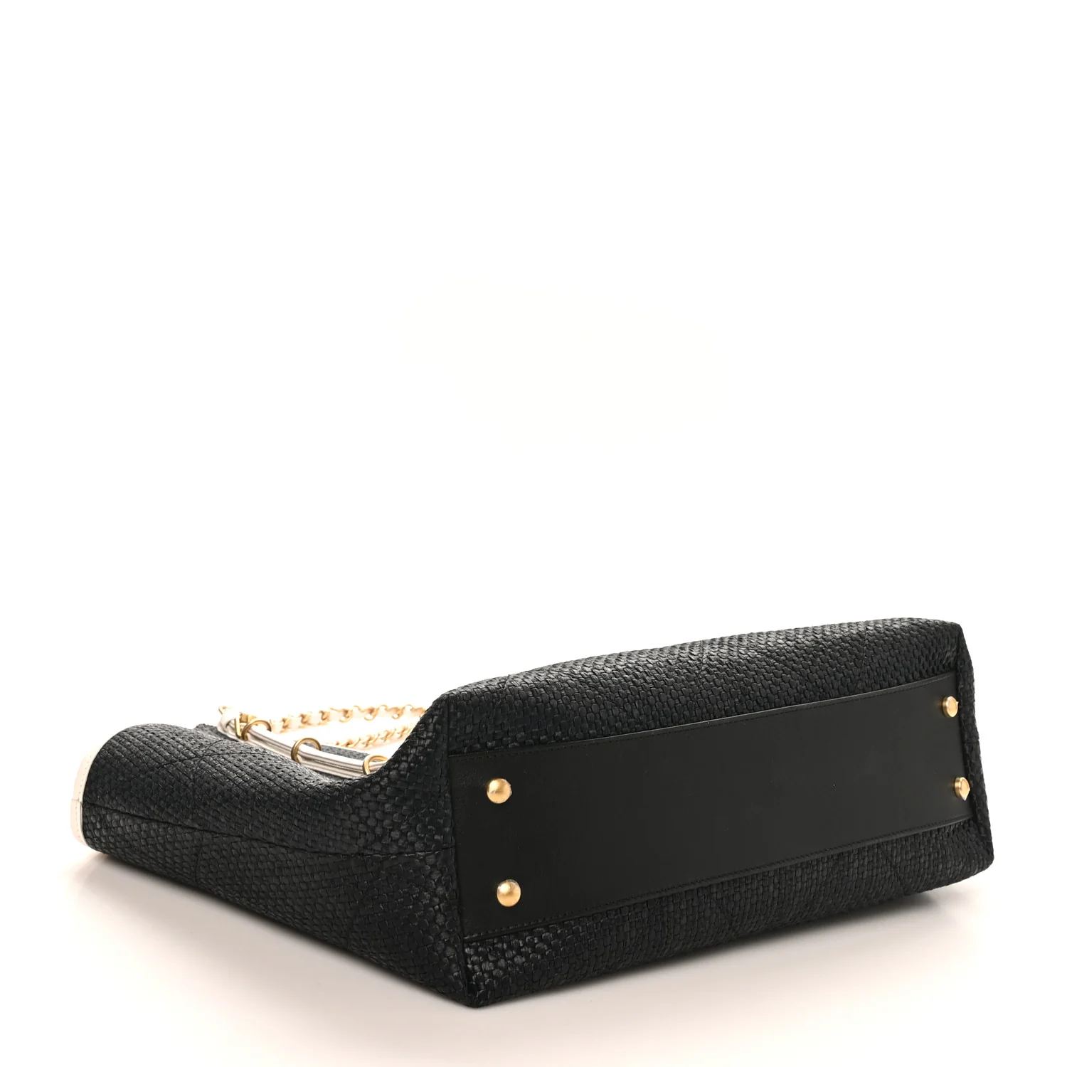 Calfskin Raffia Braided Small Shopping Tote Black White - Top Club