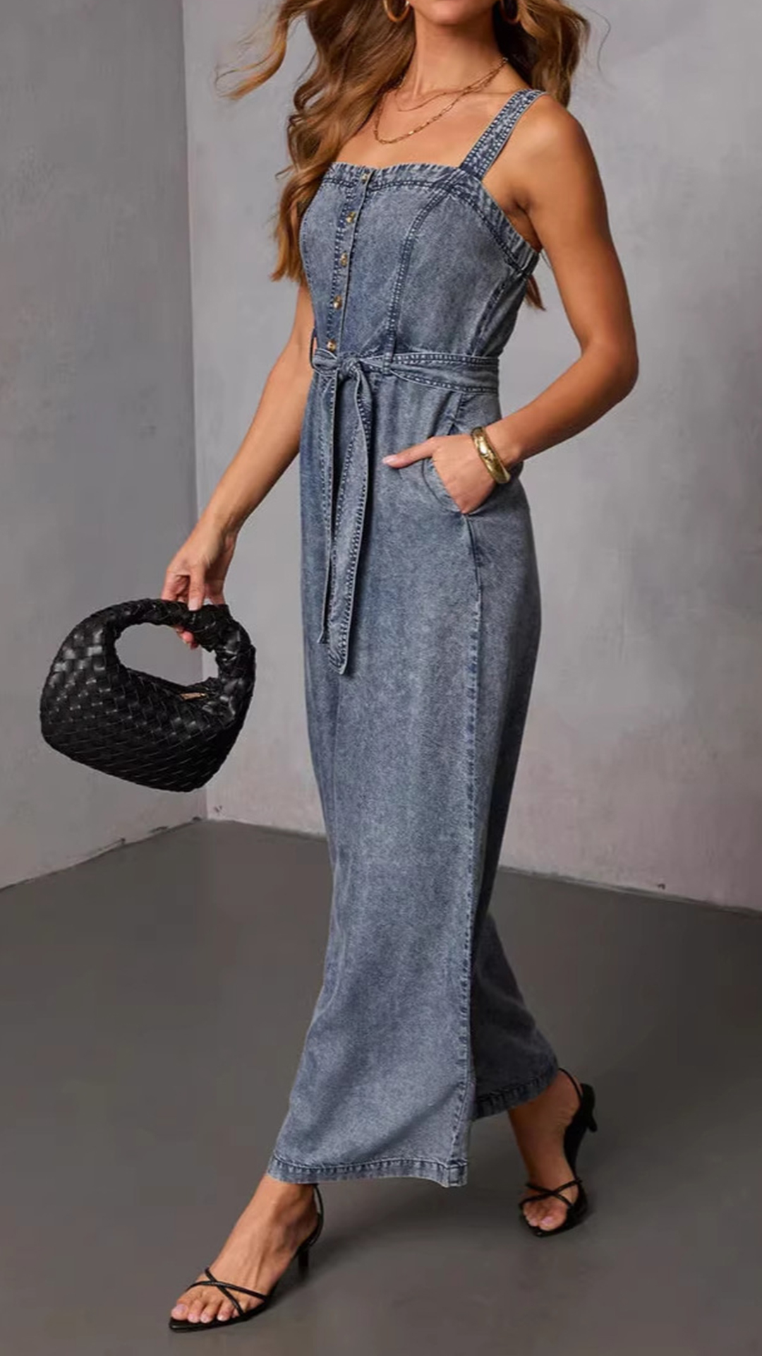 Women's Washed Blue Square-Neck Camisole Denim Waist-Tied Wide-Leg Jumpsuit - Nordfashionstorm - Women's Clothing, Fashion for You - Nordfashionstorm.com