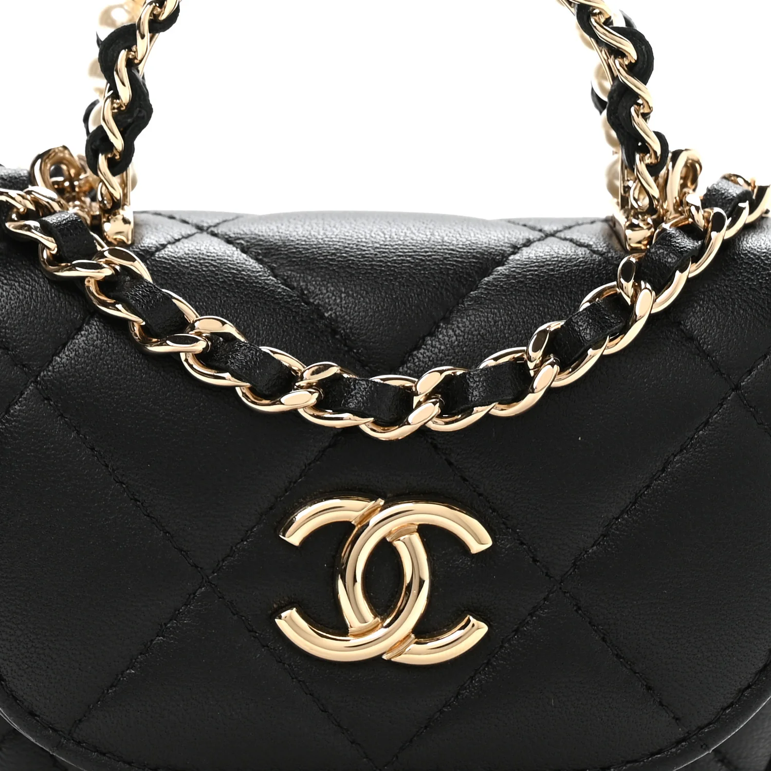 Lambskin Quilted Pearl Top Handle Clutch With Chain Black - Top Club