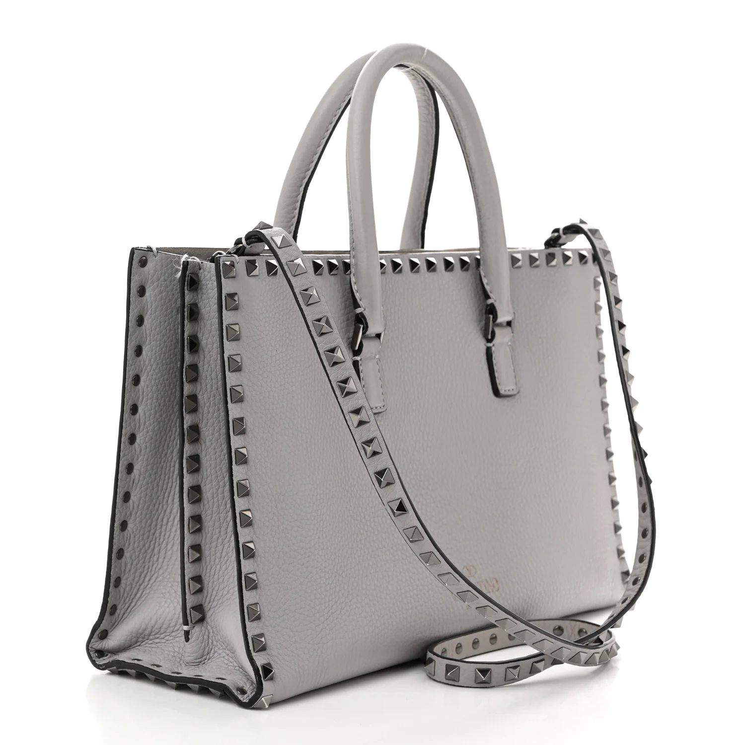 Grained Calfskin Medium Rockstud Double Handle Horizontal Tote Pastel Grey - Top Club