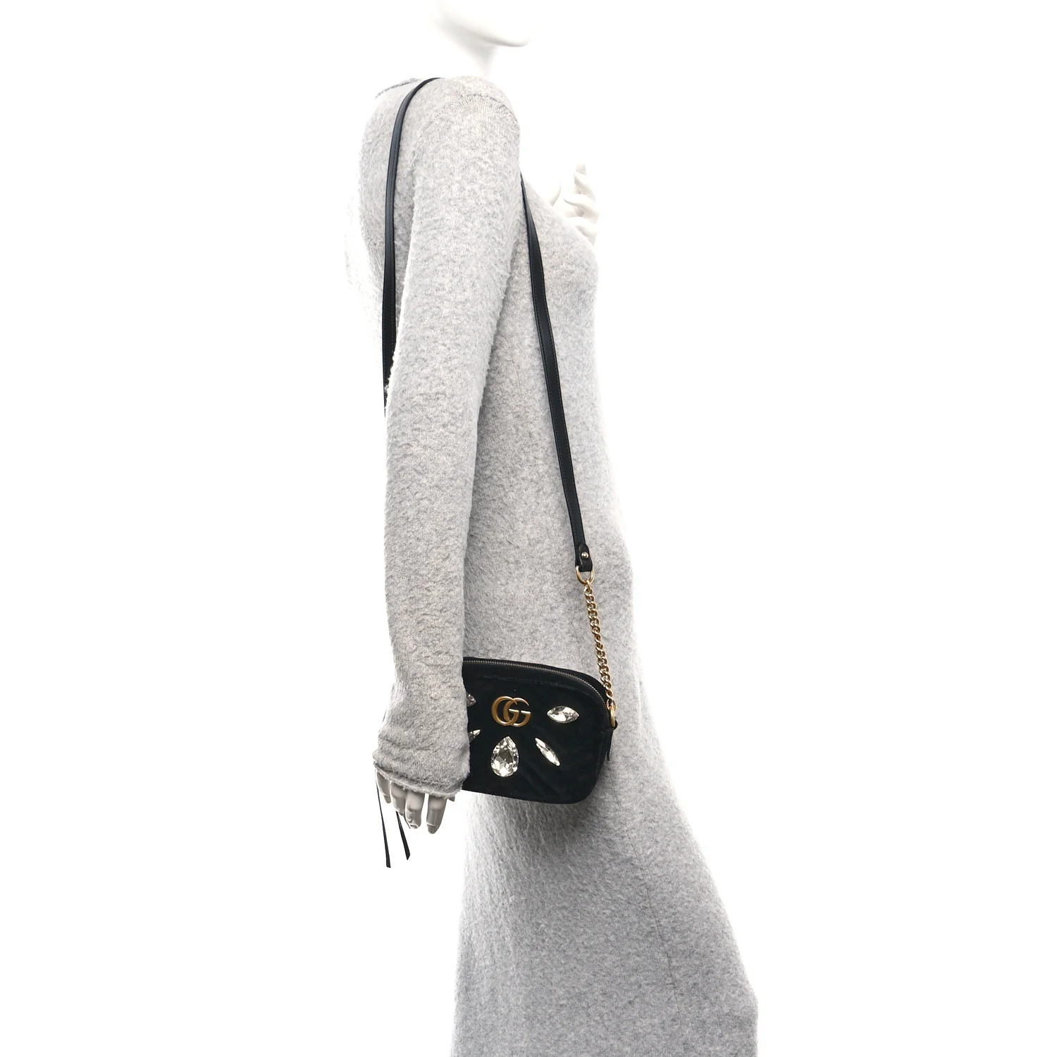 Velvet Matelasse Marquise Crystals Mini GG Marmont Chain Shoulder Bag Black