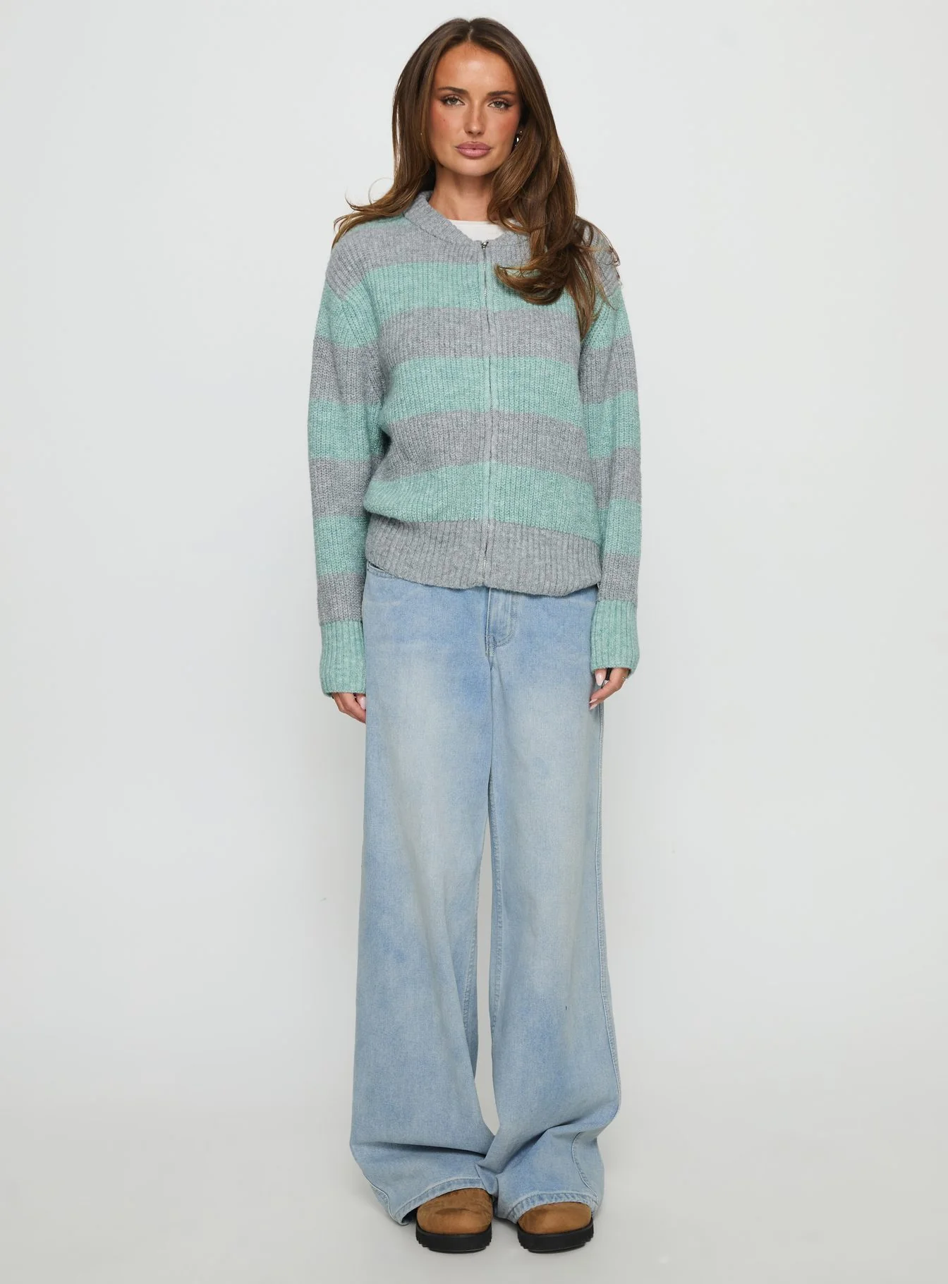 Queena Zip Through Knit Sweater Grey / Blue Stripe