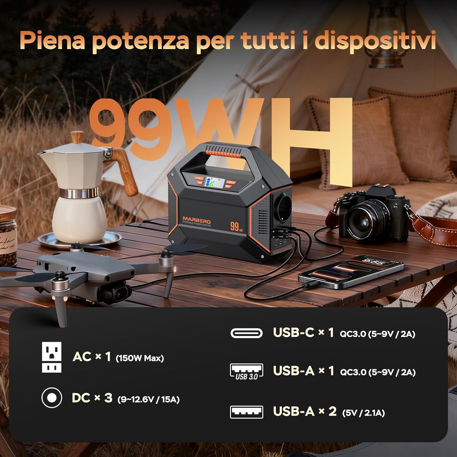 MARBERO Generatore di Corrente Portatile 99Wh 27.000mAh con Pannello Solare da 30W Power Bank con 150W Max Presa AC Luce LED SOS, per Campeggio Emergenza Casa Viaggi e Lavoro