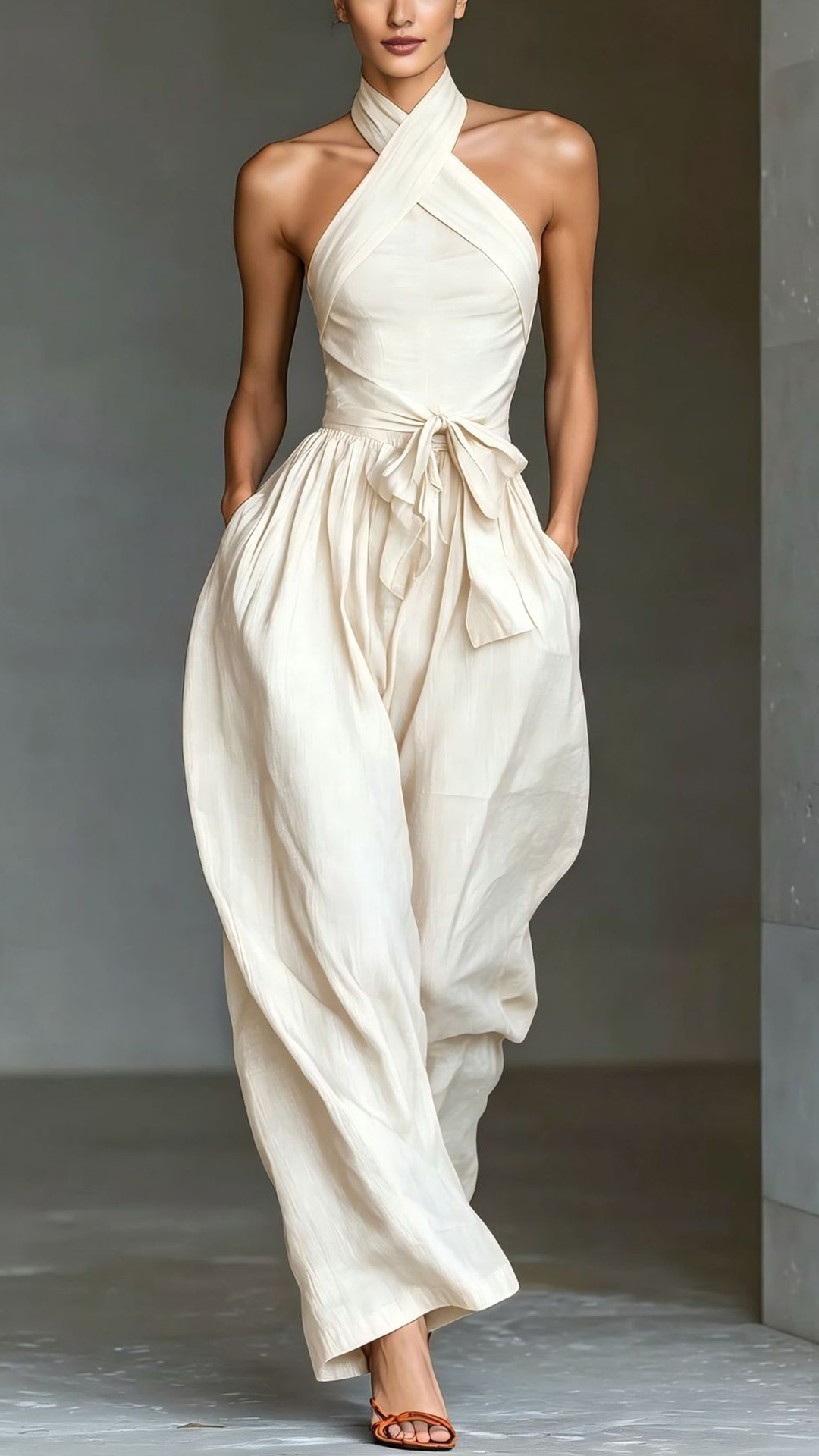Women's Cotton‑blend Peacock Blue Crisscross Halter Waist‑cinched Wide‑Leg Jumpsuit - Nordfashionstorm - Women's Clothing, Fashion for You - Nordfashionstorm.com