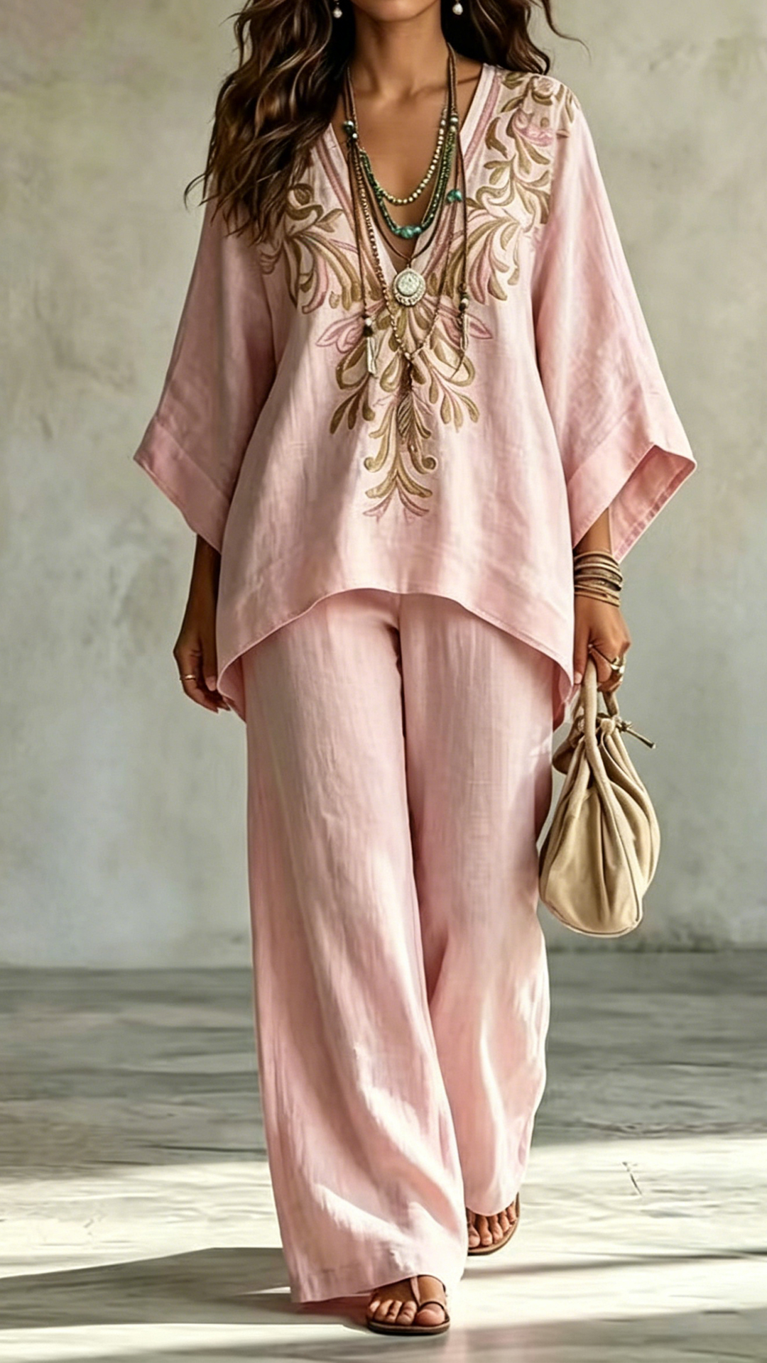 Women's Cotton-Blend Pink Embroidered Print V-Neck Wide-Leg Pants Set - Nordfashionstorm - Women's Clothing, Fashion for You - Nordfashionstorm.com