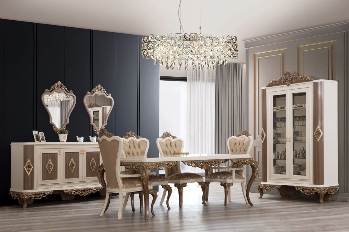 Luxury baroque living room display cabinet white / brown / gold 130 x 50 x H. 220 cm - Magnificent baroque display cabinet with 2 glass doors - Noble baroque furniture