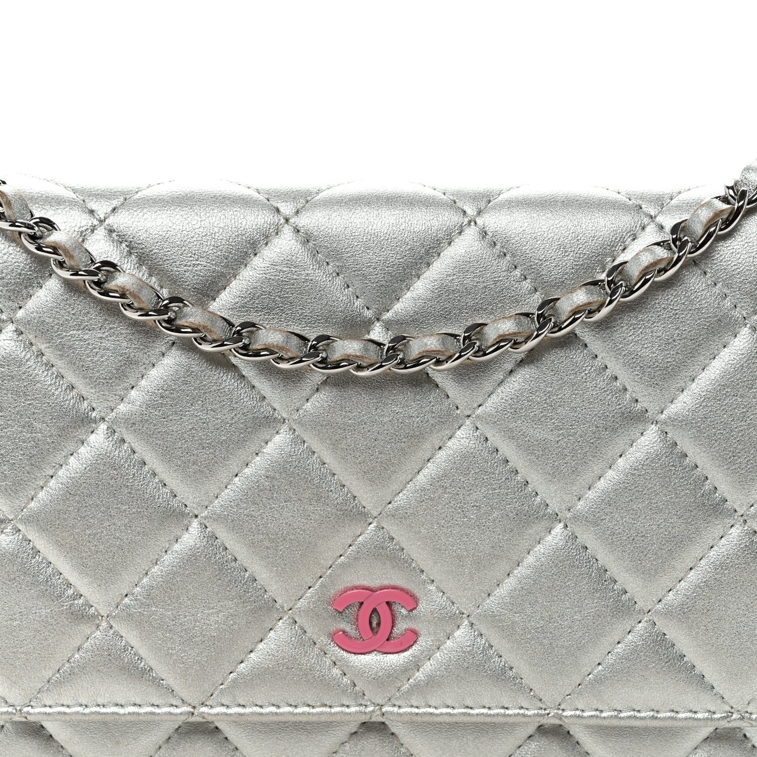 Metallic Lambskin Quilted Wallet On Chain WOC Silver - Top Club
