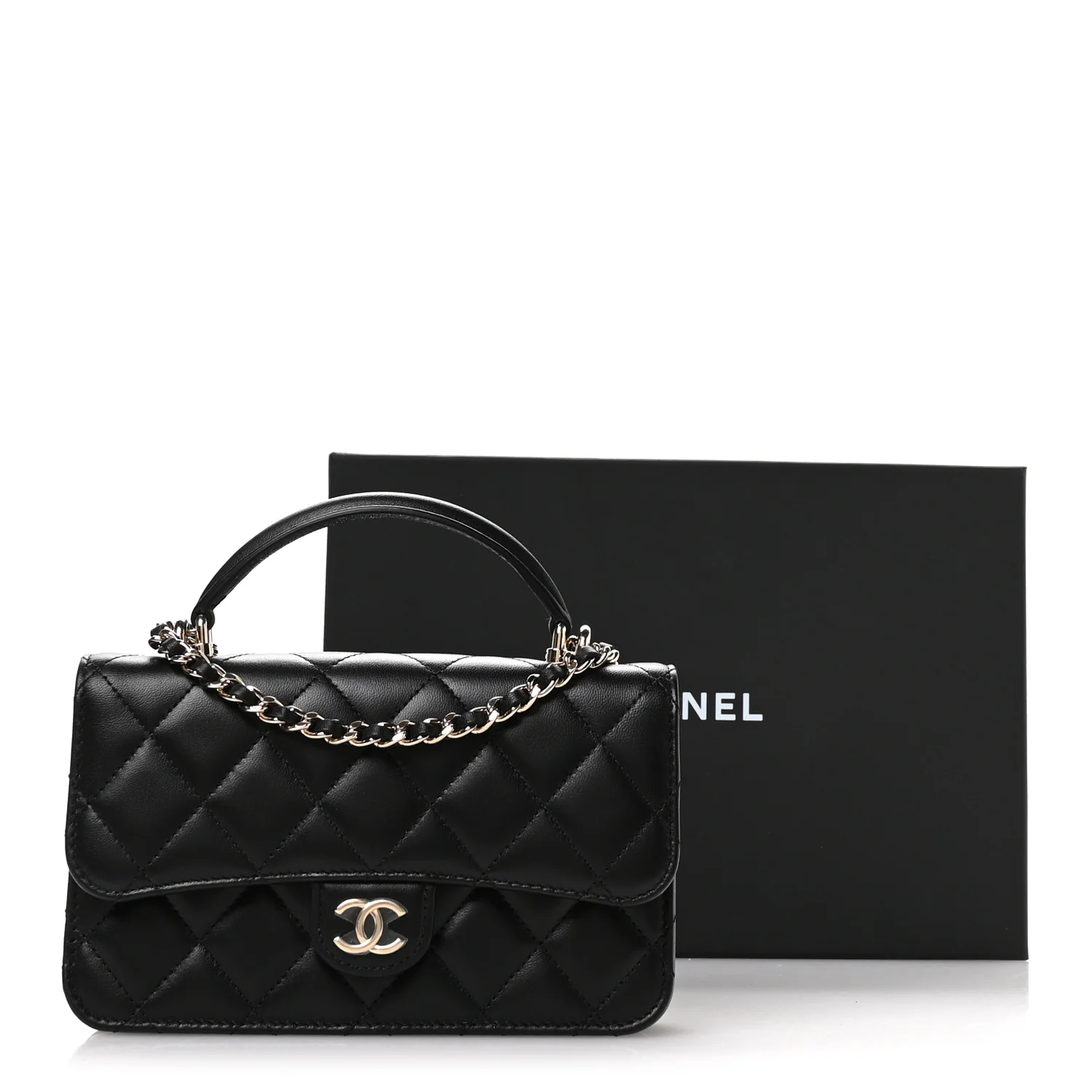 Lambskin Quilted Flap Phone Holder With Chain Black - Top Club