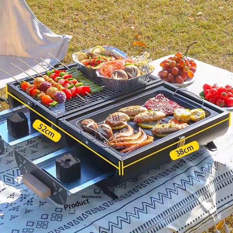 Portable folding double-sided charcoal grill
