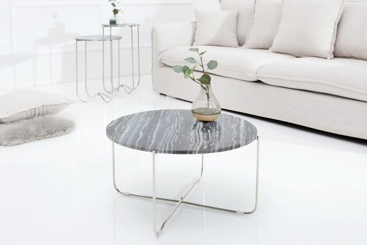 Designer side table with marble top Ø 60 cm gray / silver H. 33 cm - unique