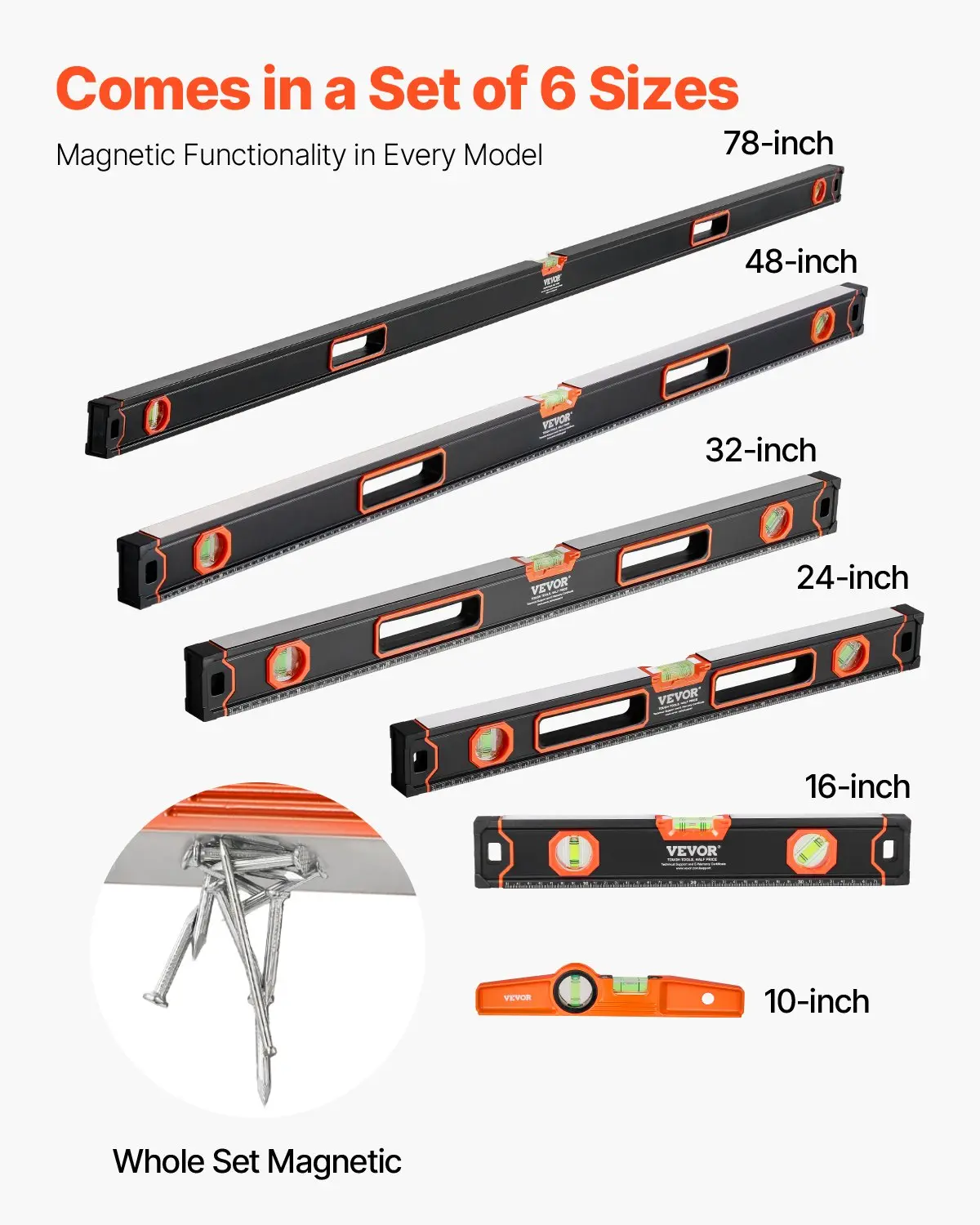 VEVOR 6-Piece Magnetic Torpedo Level Set, Aluminum Alloy Hardware & Construction Tools with 78/48/32/24/16/10 inch Bubble Vial Rulers, 45/90/180 Degree Measurement, Shock-Resistant, SAE & Metric Scales