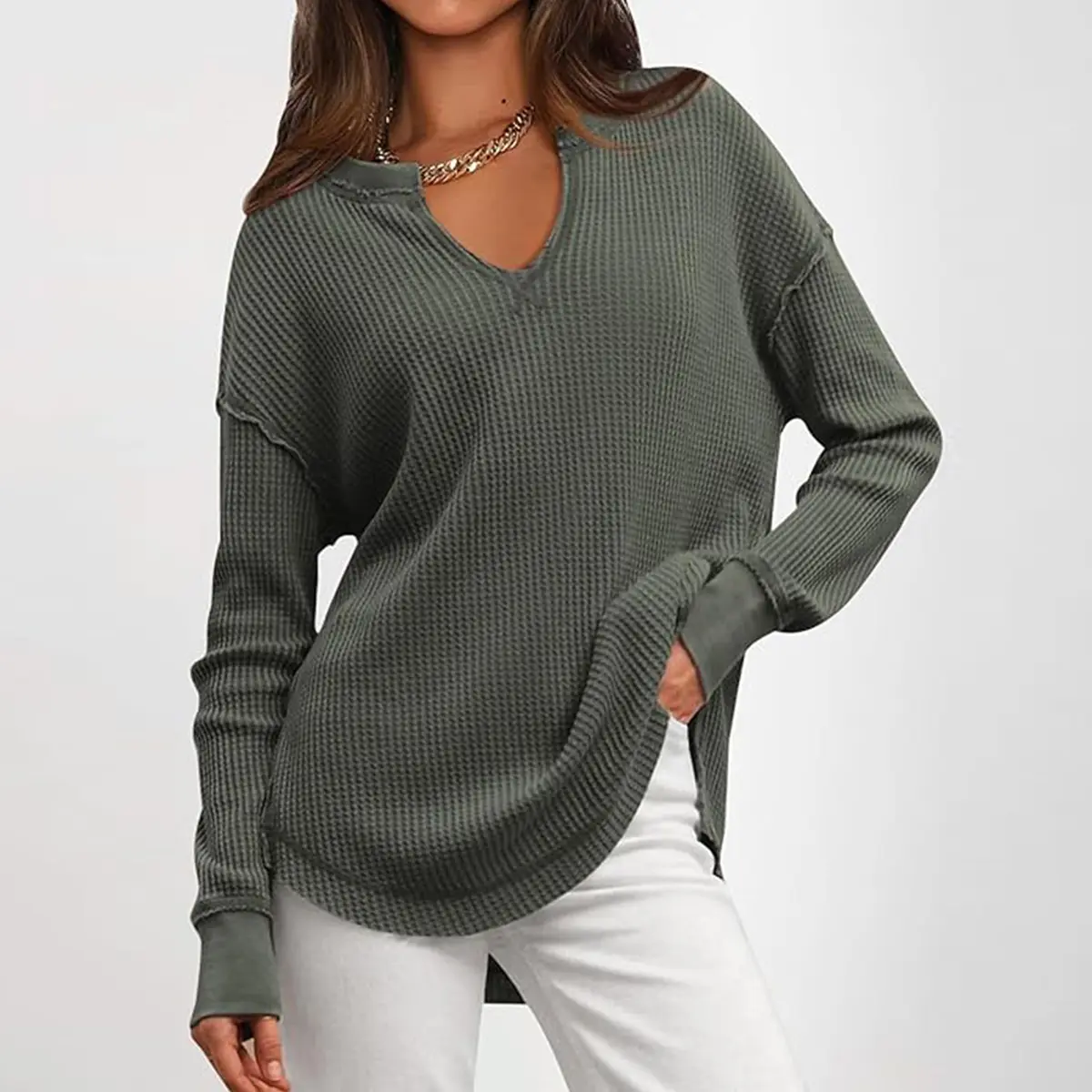 PRETTYGARDEN Grey Green Waffle Knit Long Sleeve V Neck Pullover Drop Shoulder Oversized Fall Top Comfy Womenswear Knitwear Sweater