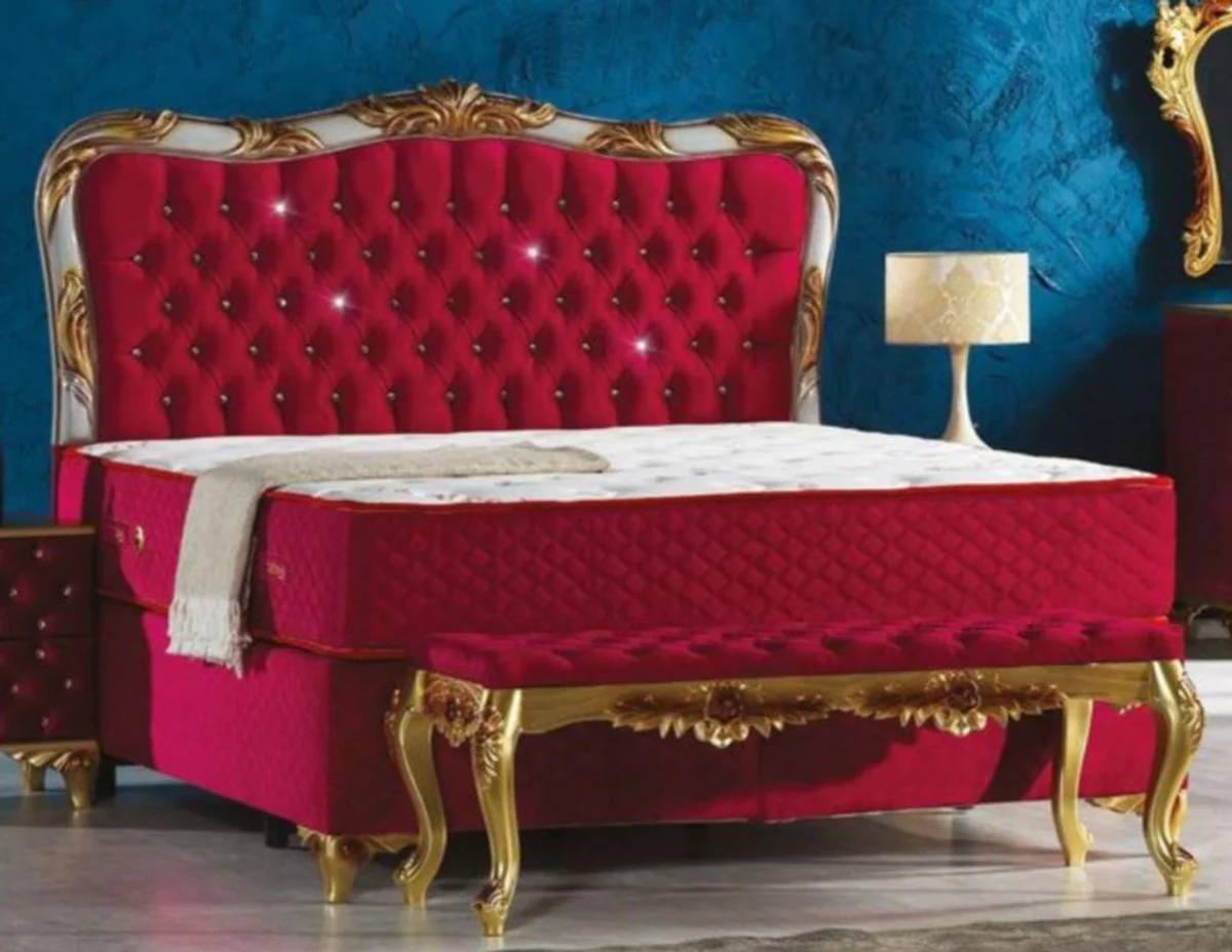 Baroque velvet bed burgundy red / silver / gold - magnificent double bed with rhinestones and mattress - bedroom furniture in the baroque style