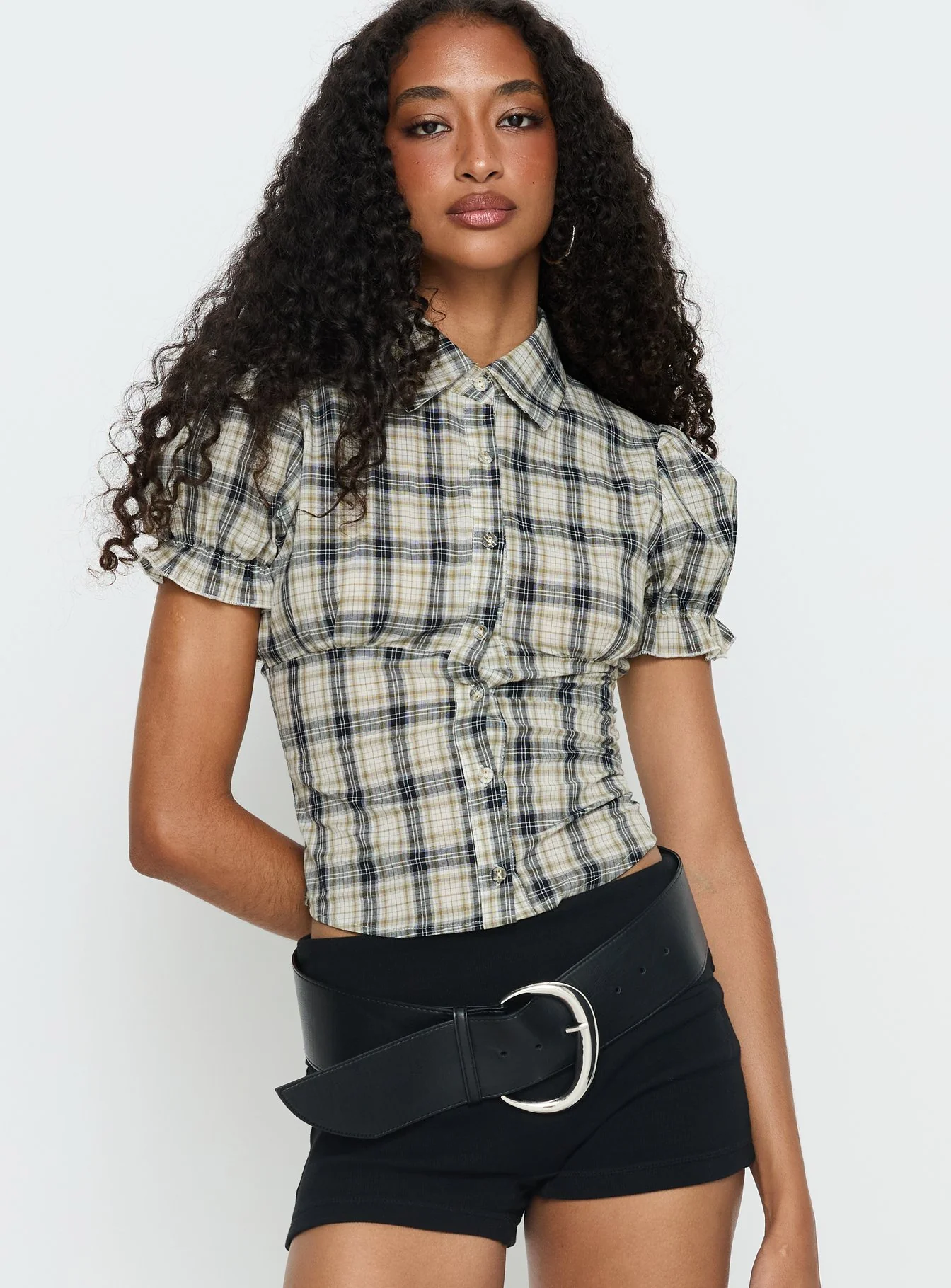 Maxfield Collared Button Up Blouse Top Multi Check