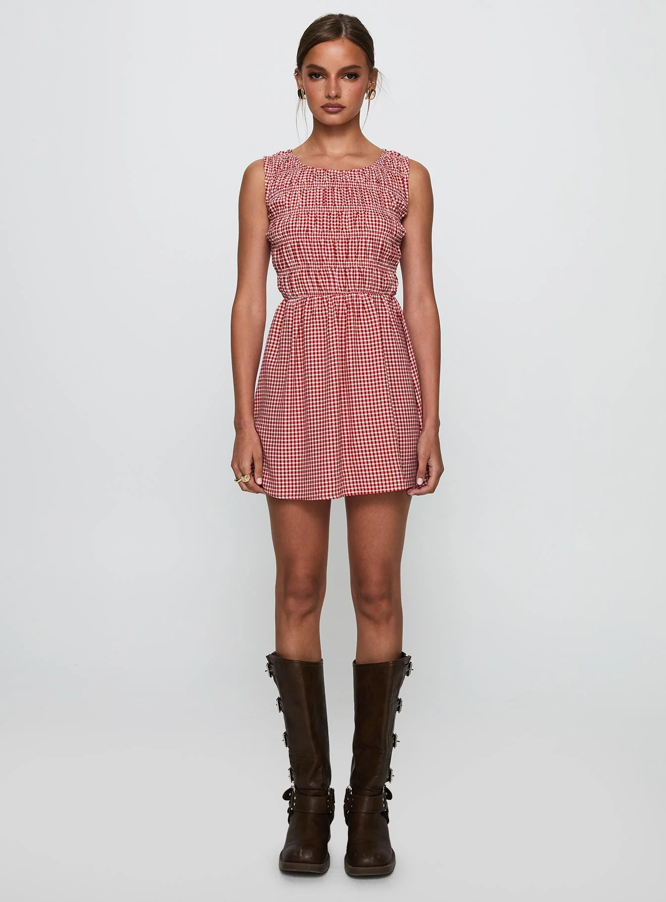 Winxie Shirred Mini Dress Red Gingham