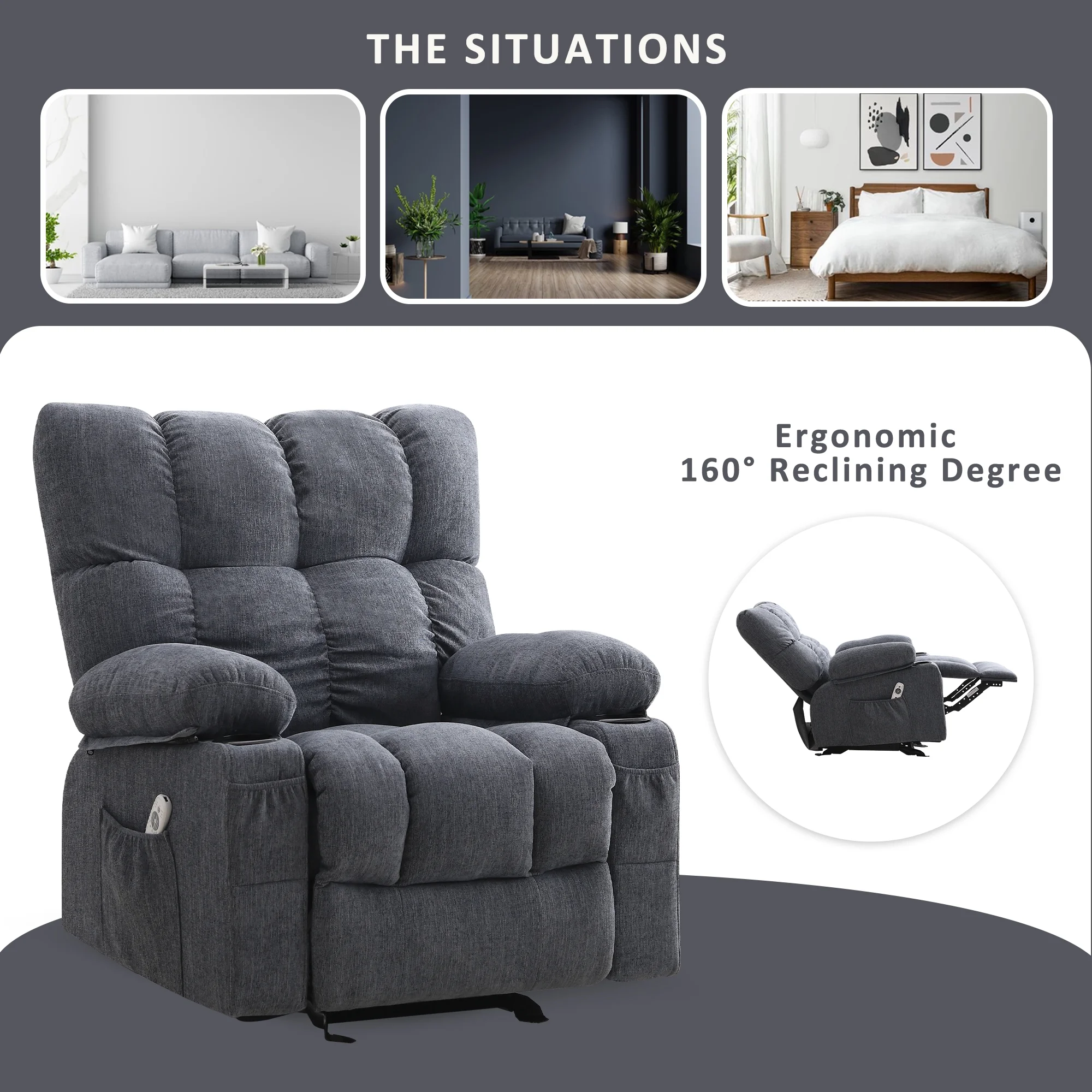 JONPONY Manual Recliner Chair with Heat Therapy and Massage Function, Heavy Duty Reclining Mechanism Massage Chair, Elderly Single Rocker Sofa with Cup Holders for Bedroom Home Theater, Grey
