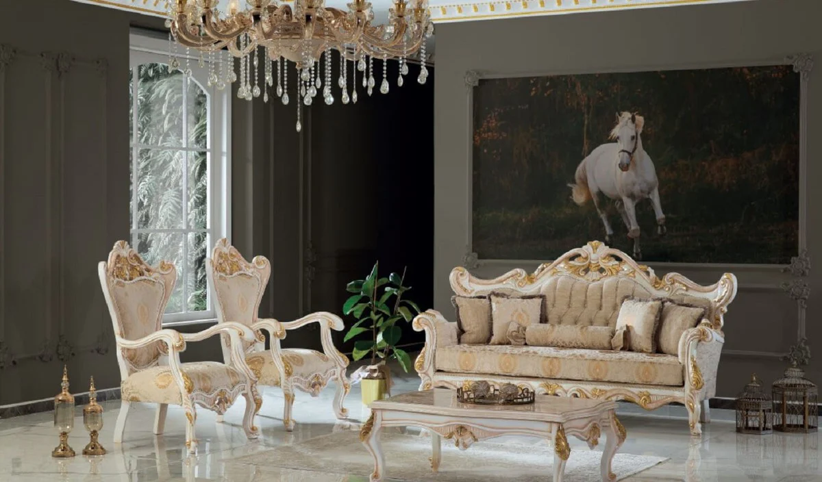Luxury Baroque Living Room Set Beige / White / Gold - 2 Sofas & 2 Armchairs & 1 Coffee Table - Handcrafted Living Room Furniture in Baroque Style - Noble & Magnificent