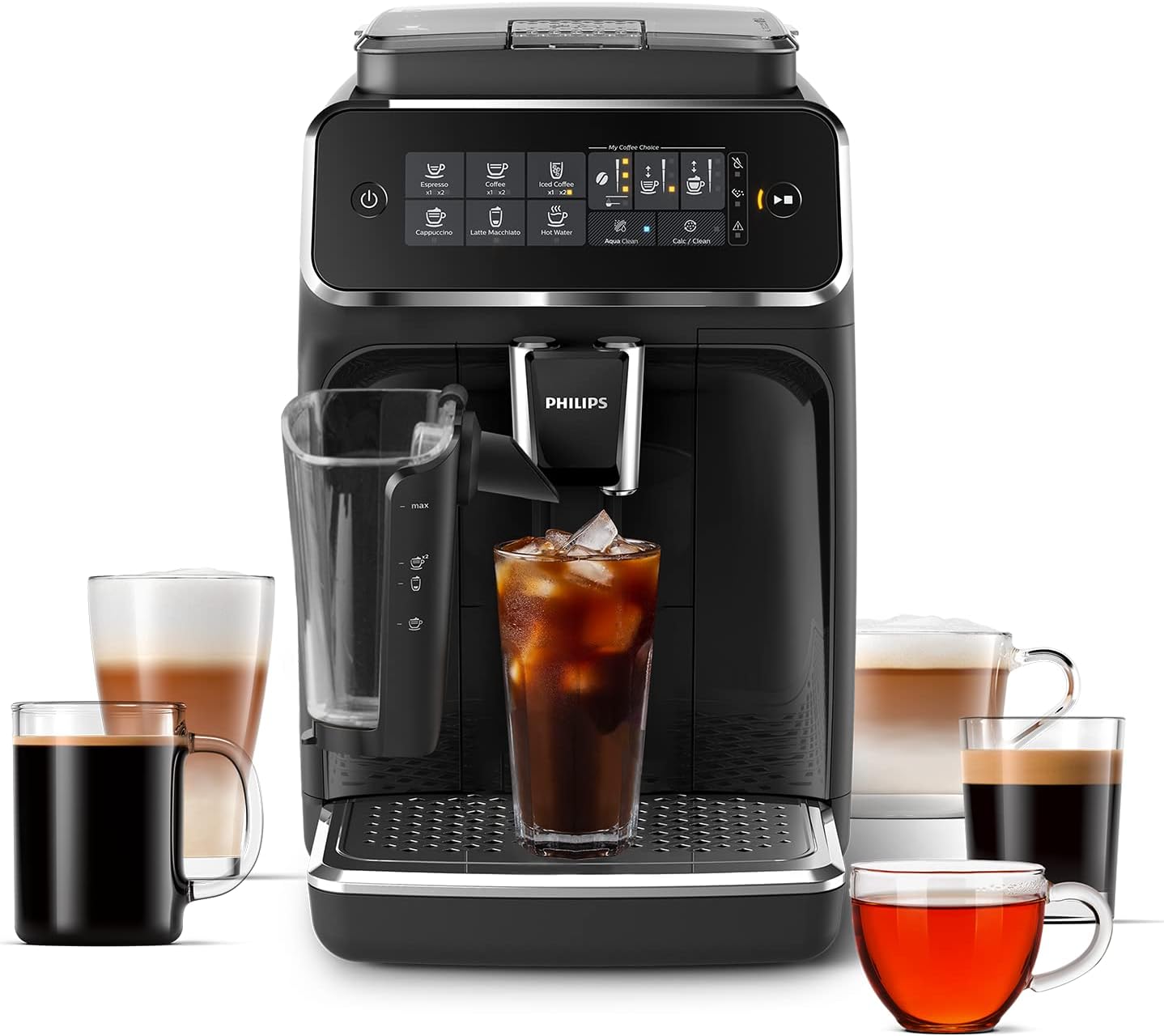Philips 3200 Series Fully Automatic Espresso Machine - LatteGo Milk Frother & Iced Coffee, 5 Coffee Variants, Intuitive Touch Display, Black, (EP3241/74)